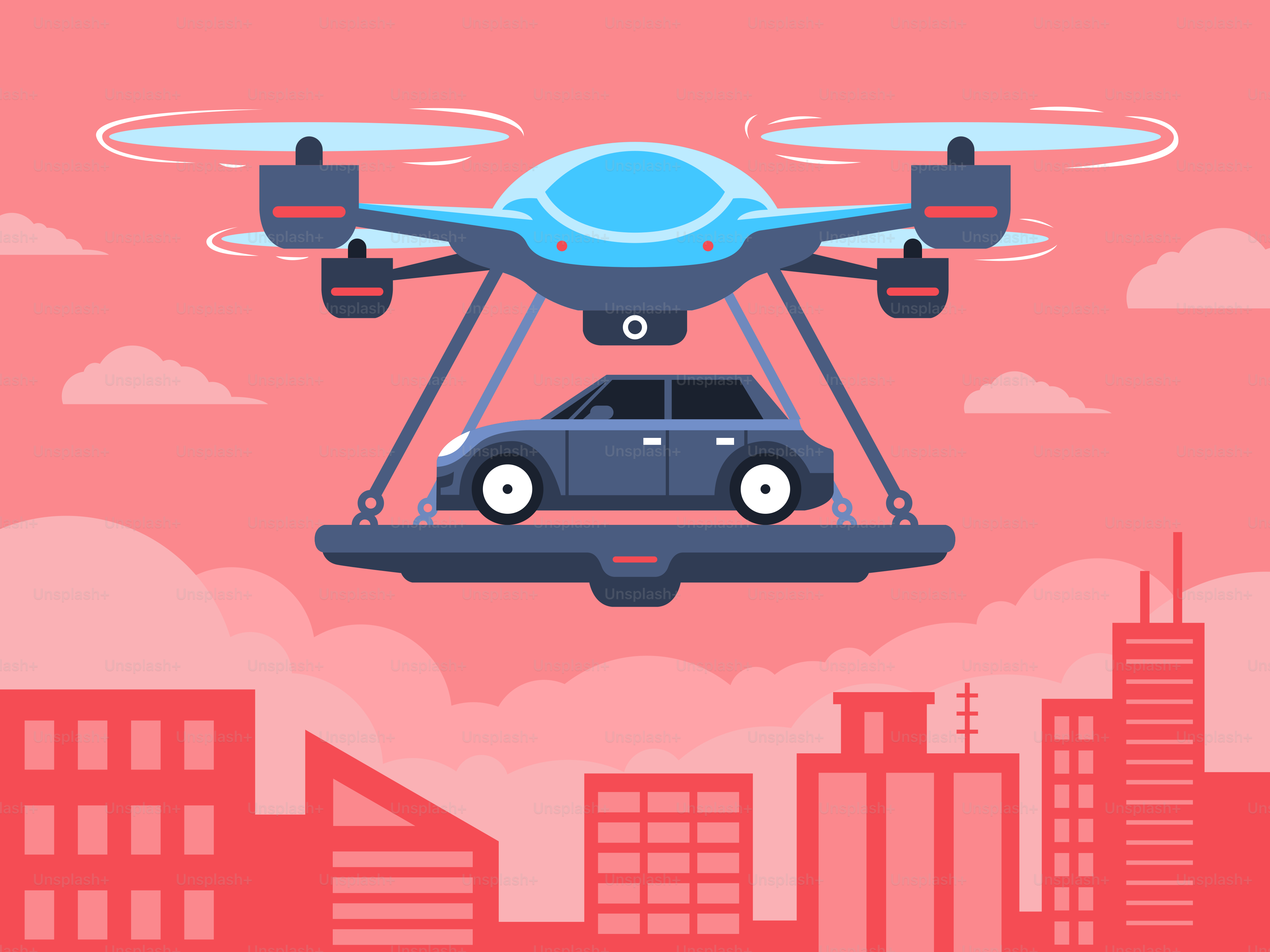 A car flying over a city with a flying object in the air