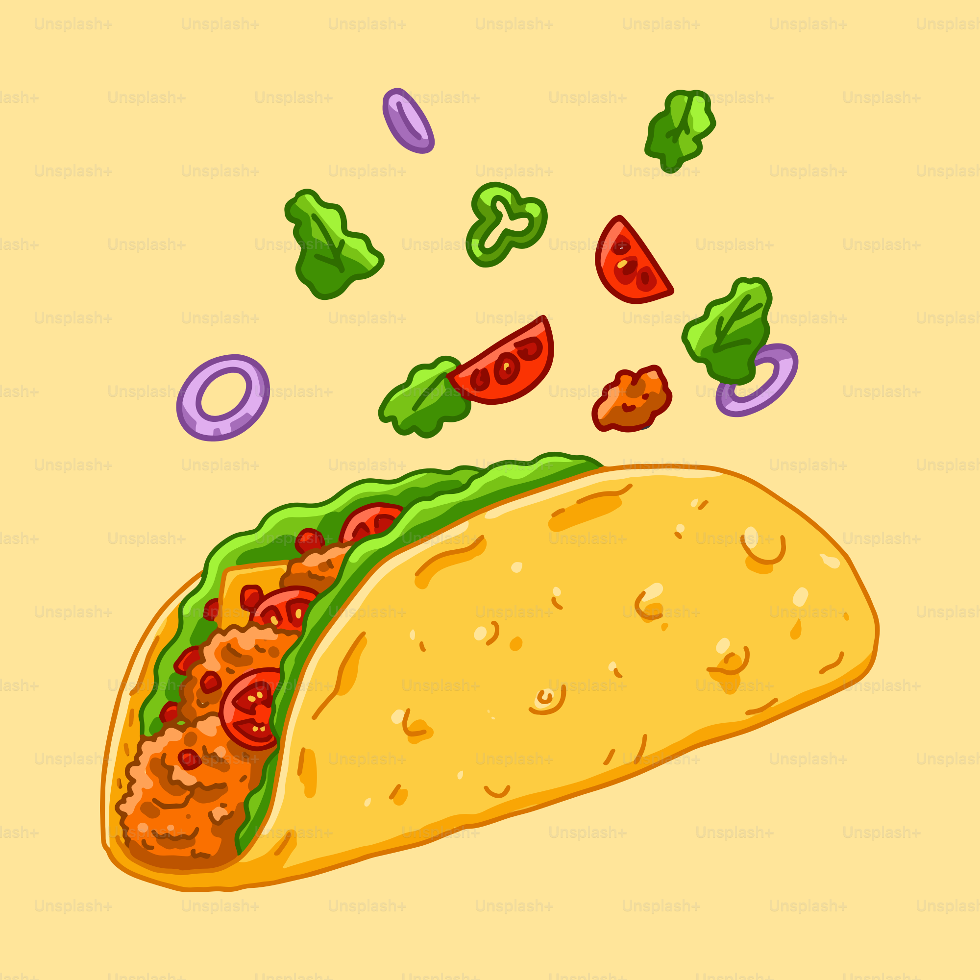 Un dibujo de un taco con lechuga y tomates