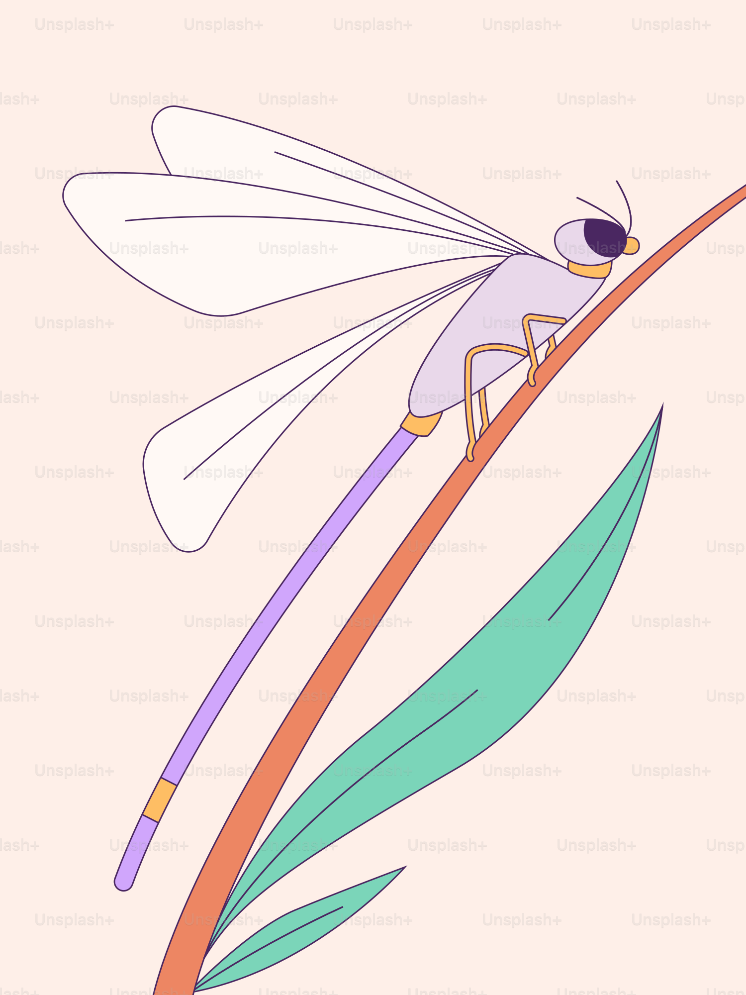 A dragonfly sitting on a plant with a pink background