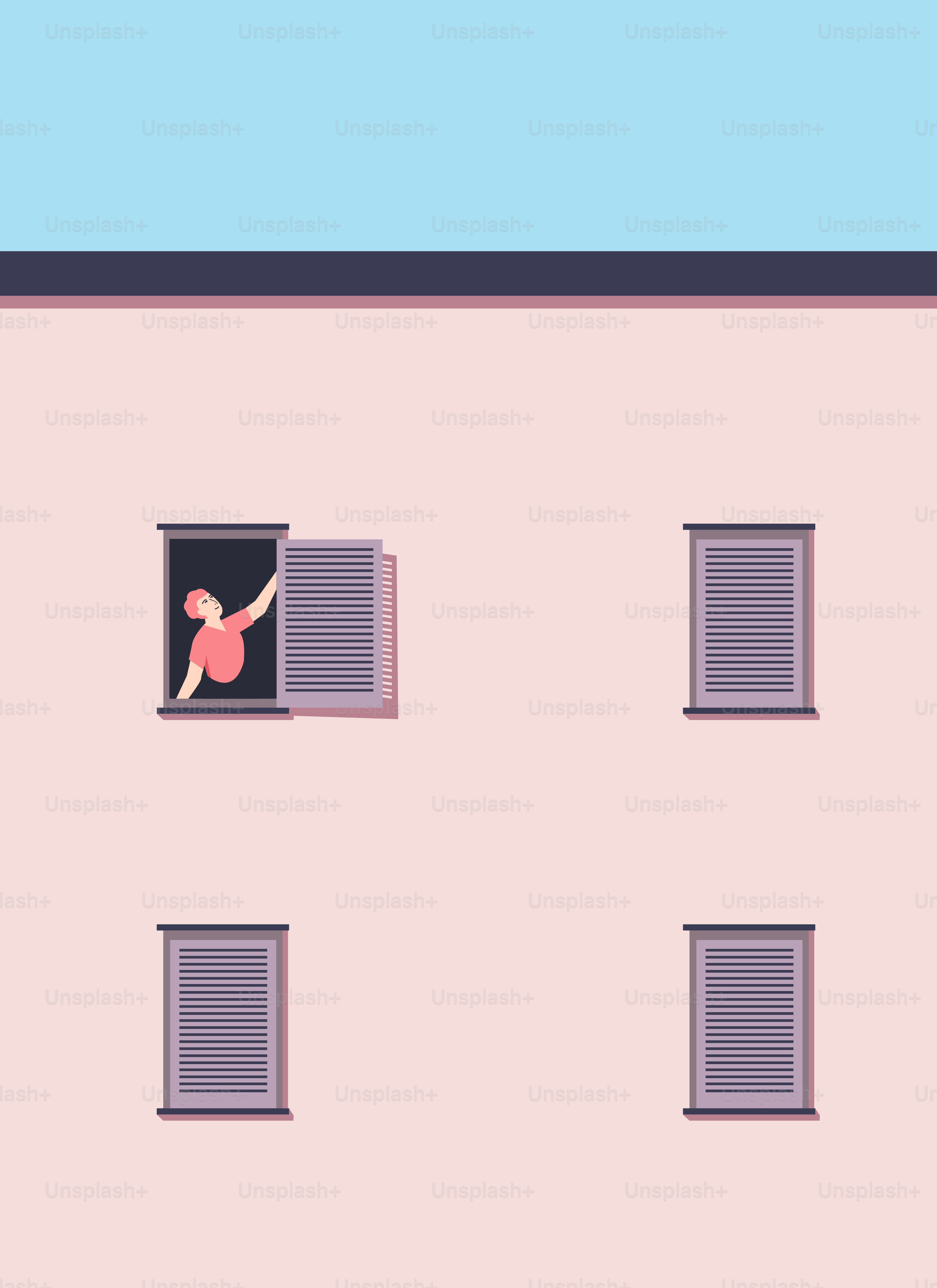 A pink building with windows and a person in the window