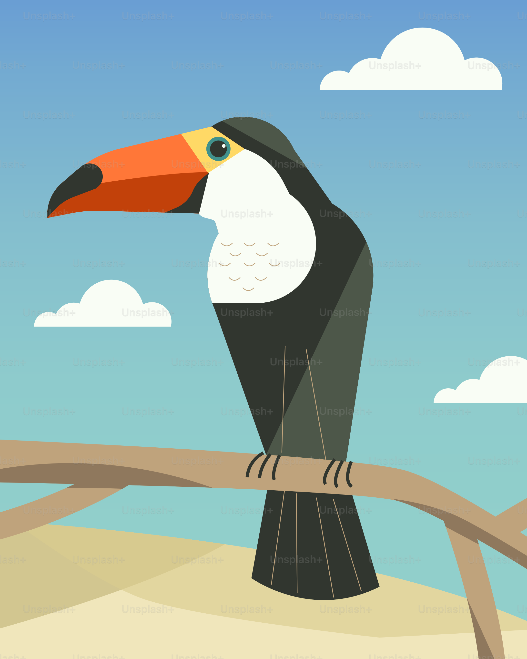A bird sitting on a tree branch with clouds in the background