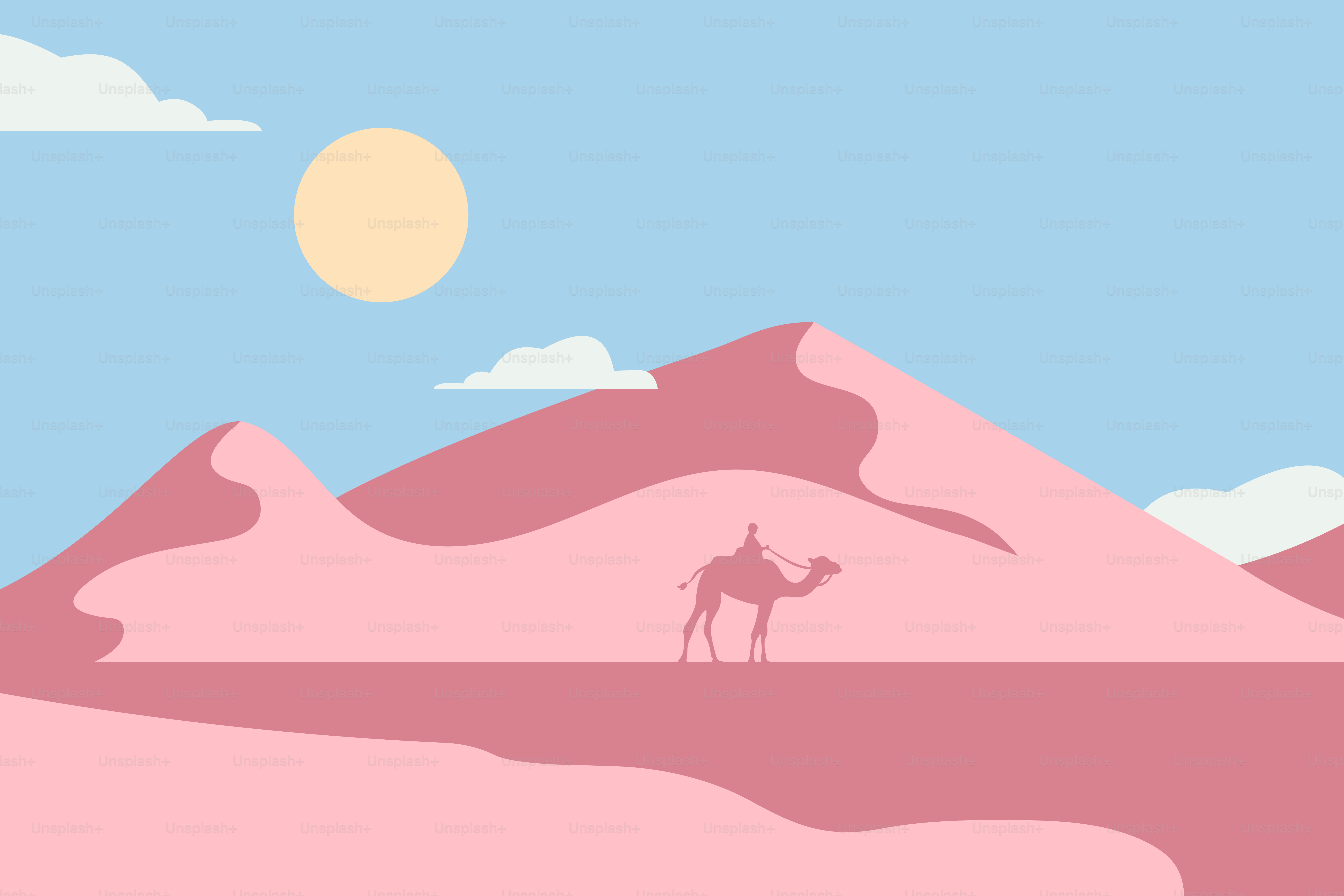 A desert scene with a camel in the foreground