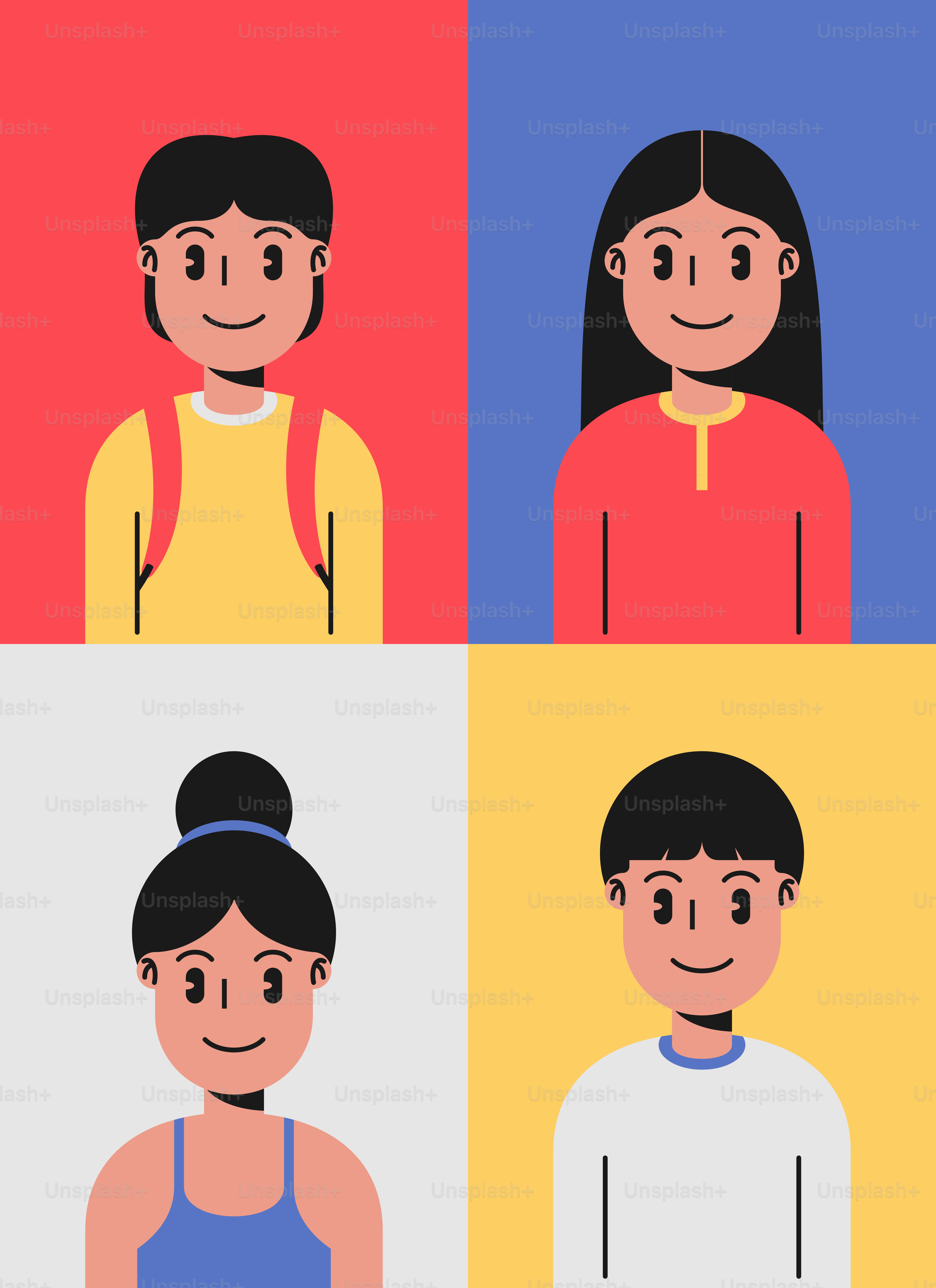 Four different avatars of people in different colors