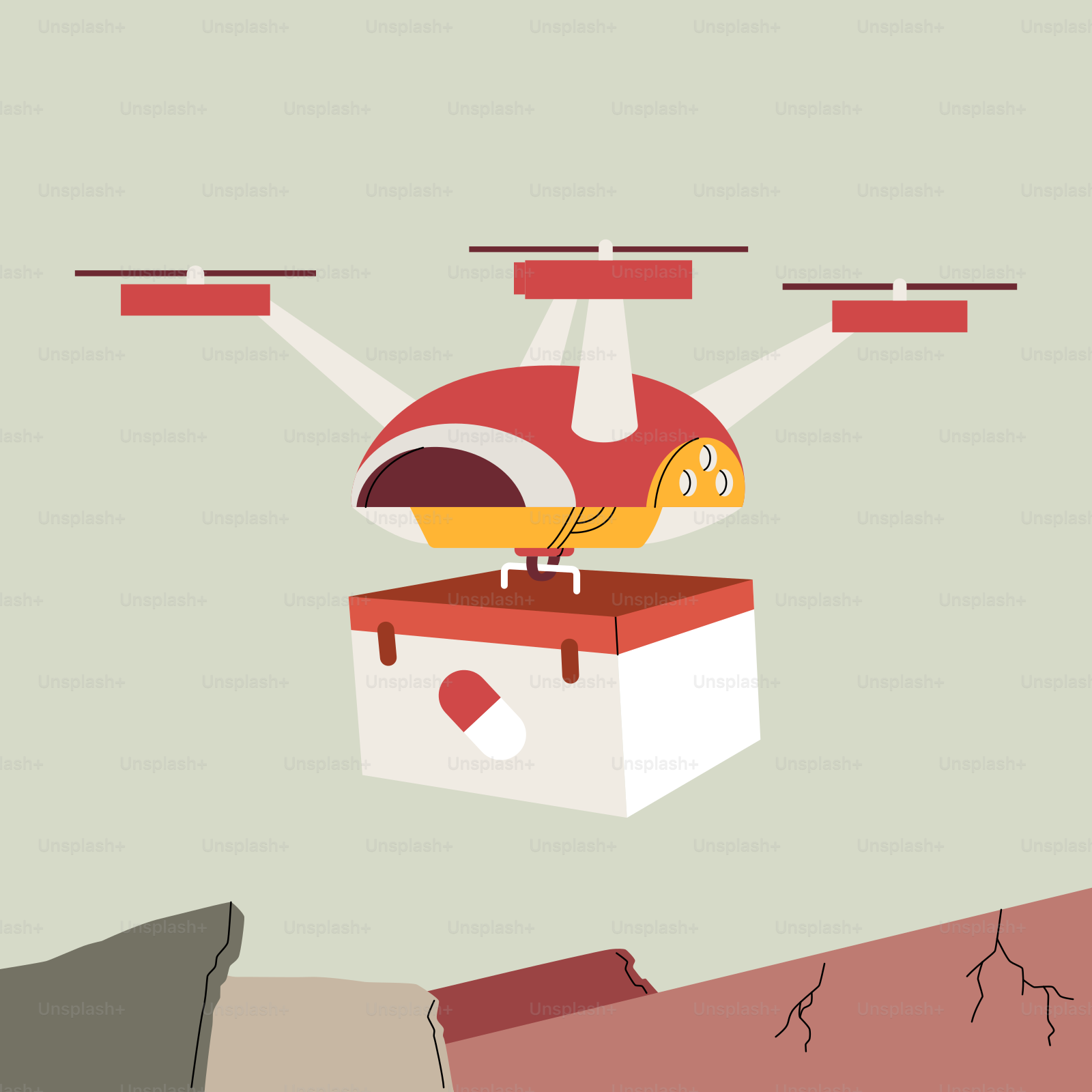 A small red and yellow helicopter flying through the air