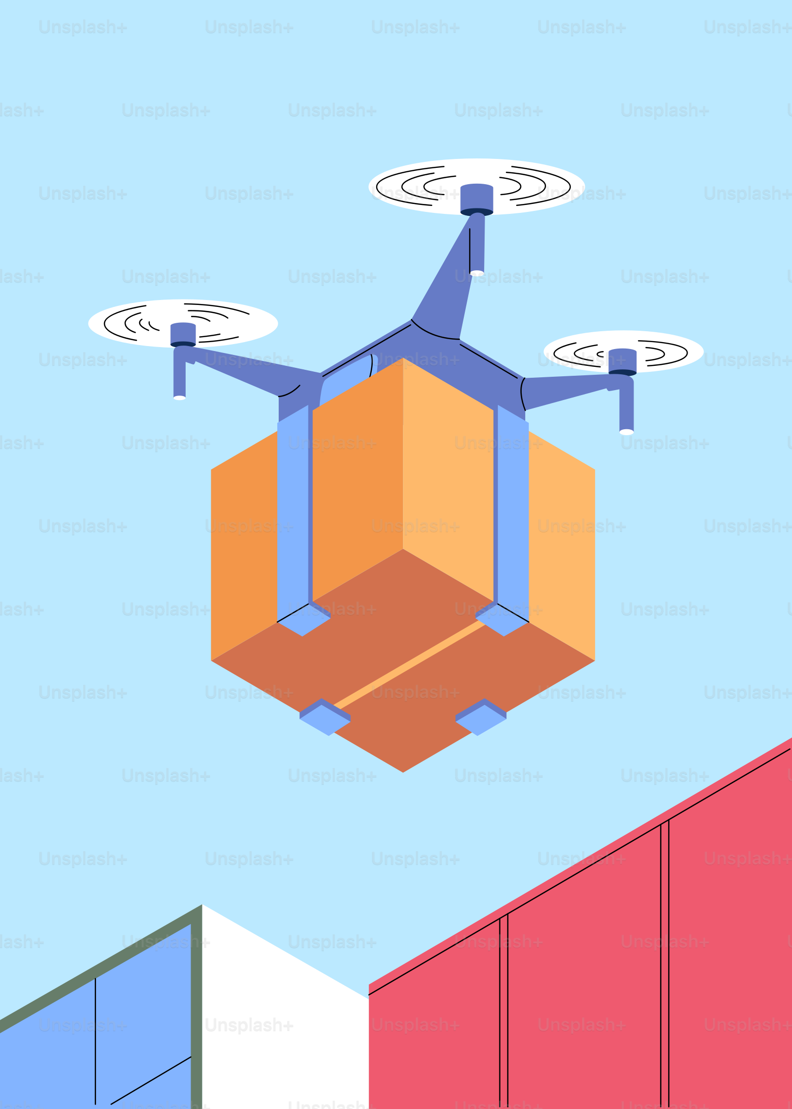 A blue and orange object flying over a building