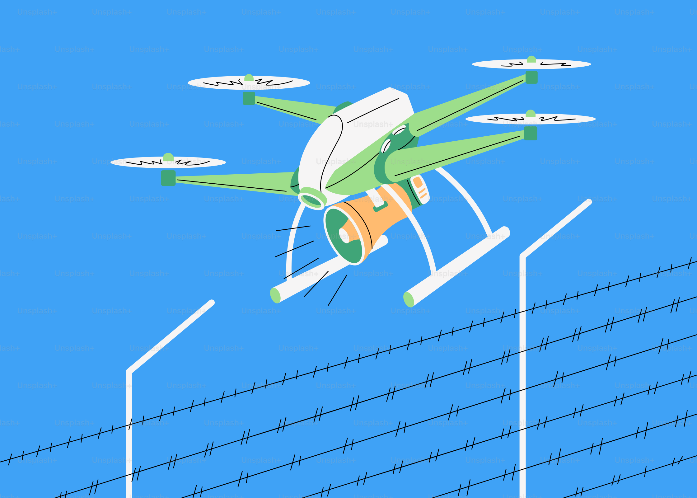 A green and white unmanned flying over a barbed wire fence