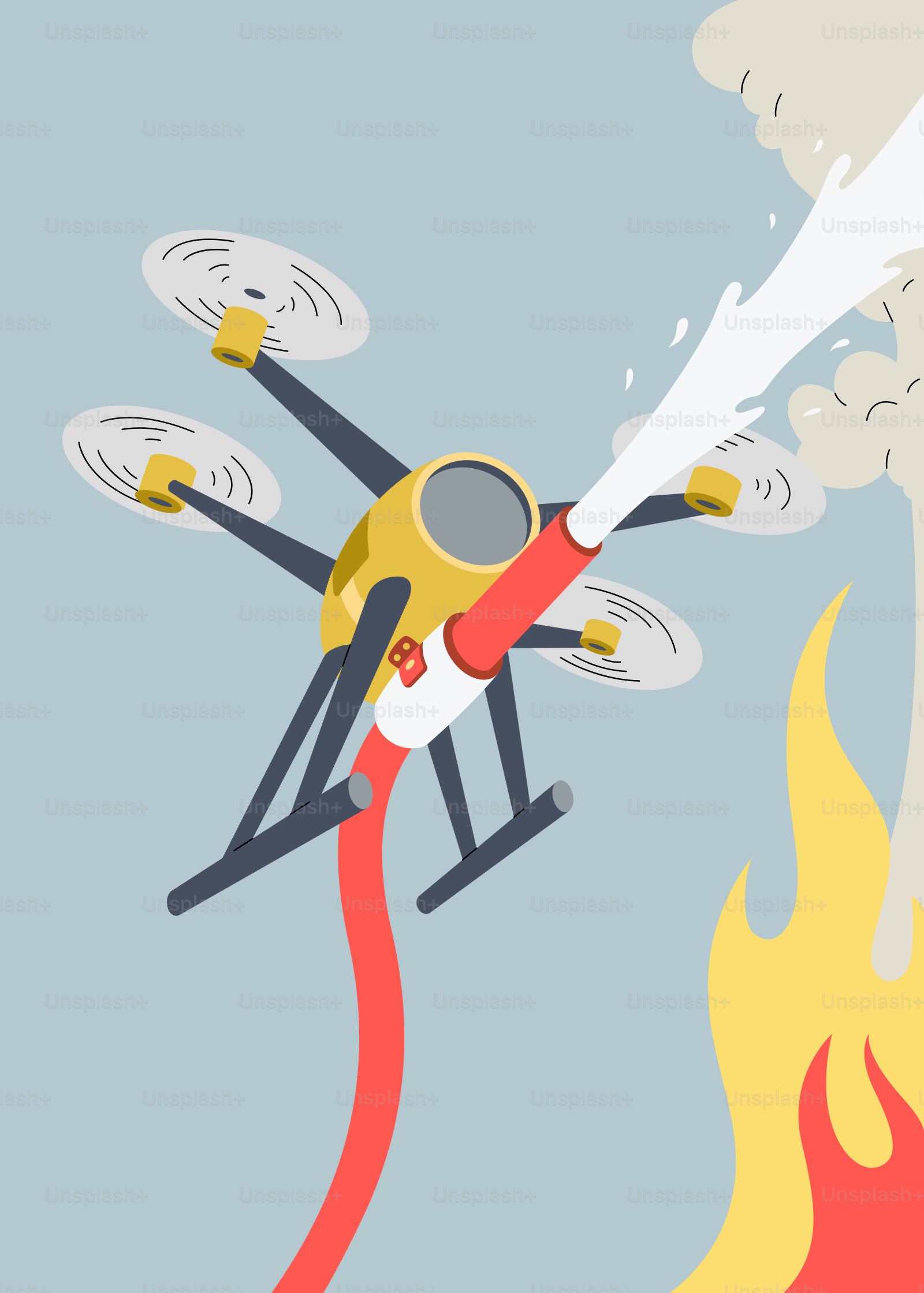 A cartoon character is flying through the air with a fire hose