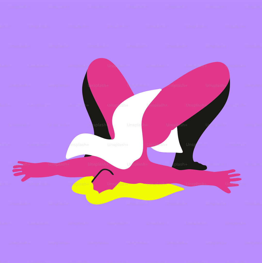 Um pássaro rosa e branco voando sobre um fundo roxo