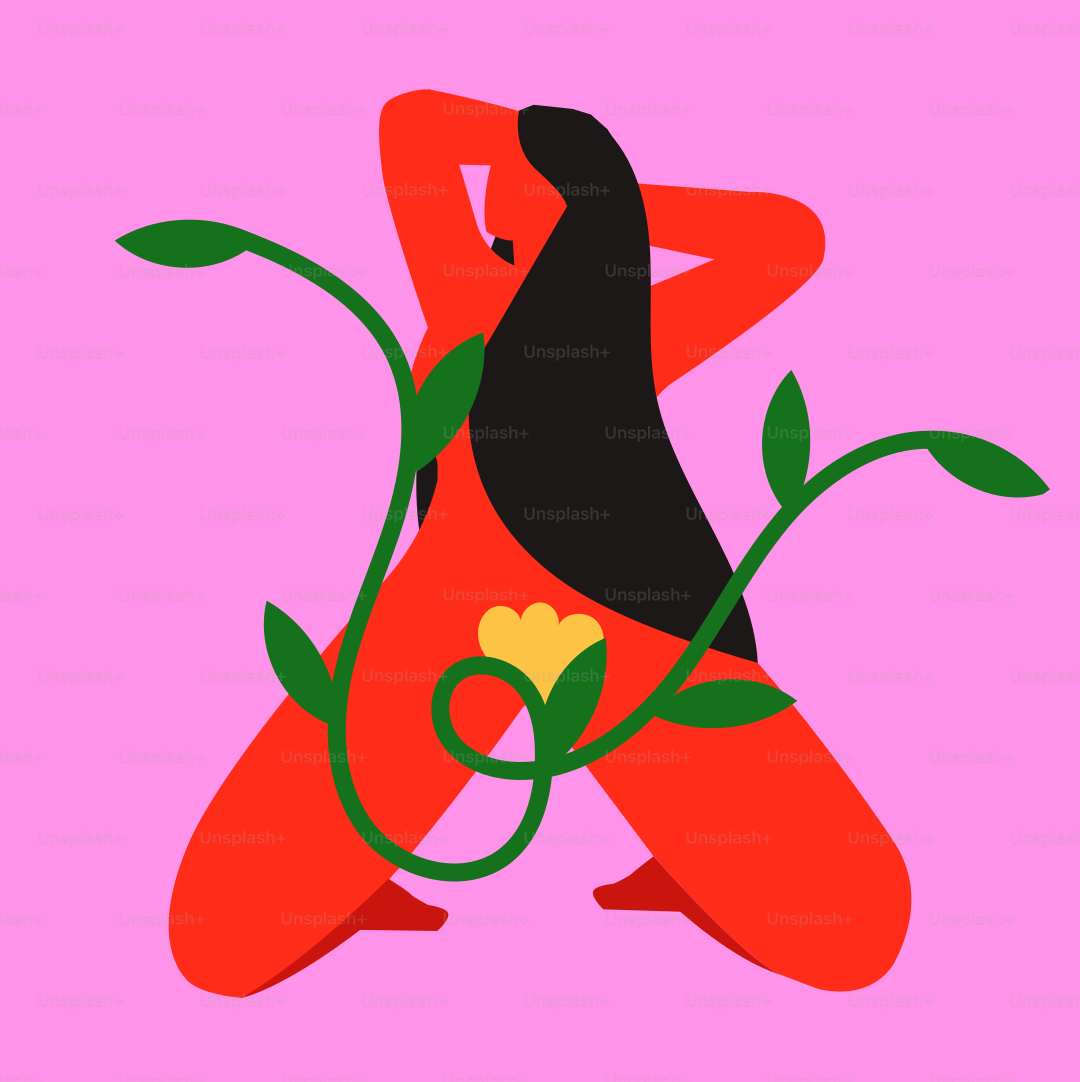A picture of a woman with a flower on her back