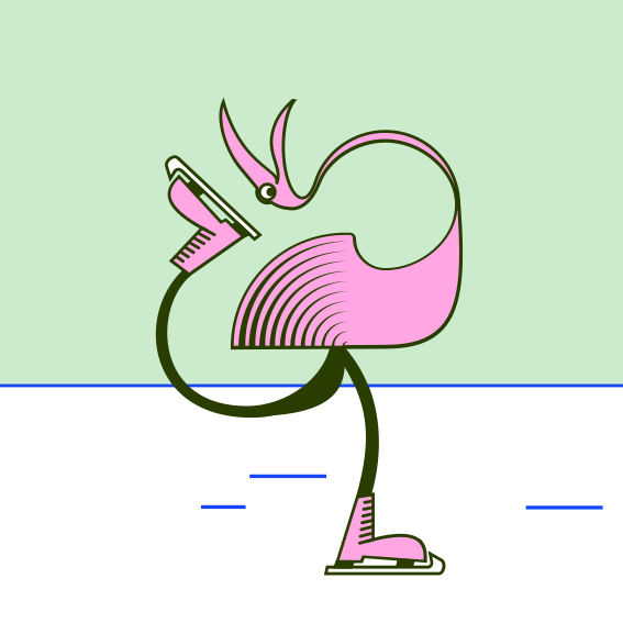 A pink flamingo is standing on a skateboard