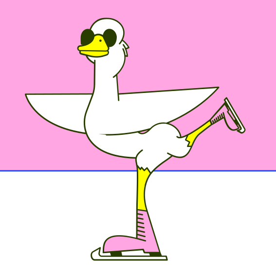 A white duck with a yellow beak on a skateboard