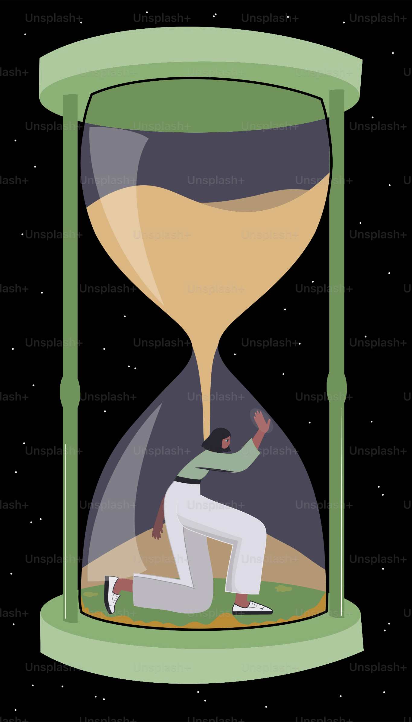 Um homem sentado dentro de uma ampulheta