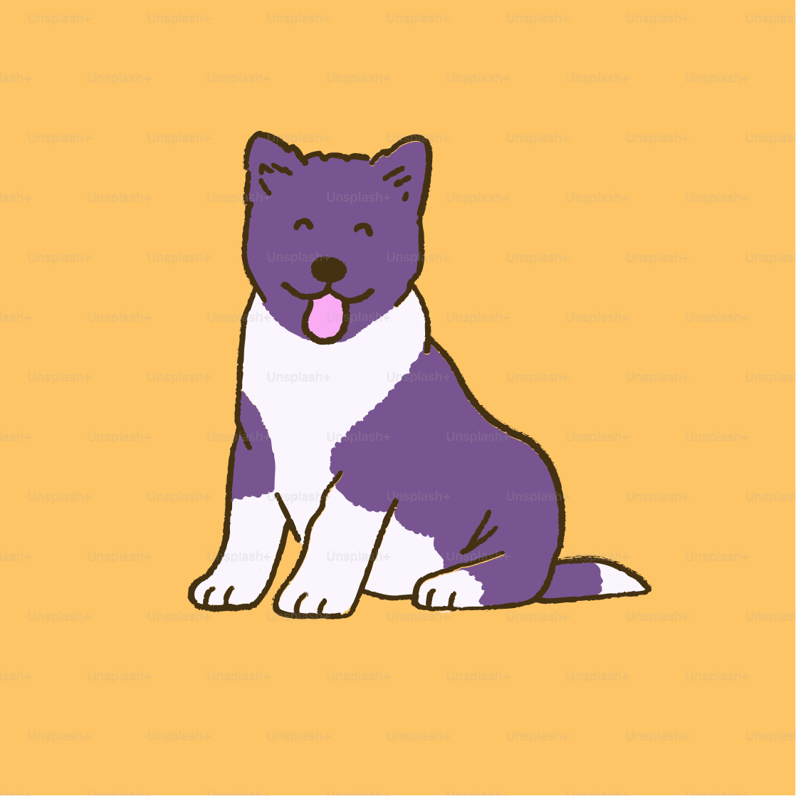 A purple and white dog sitting on top of a yellow background