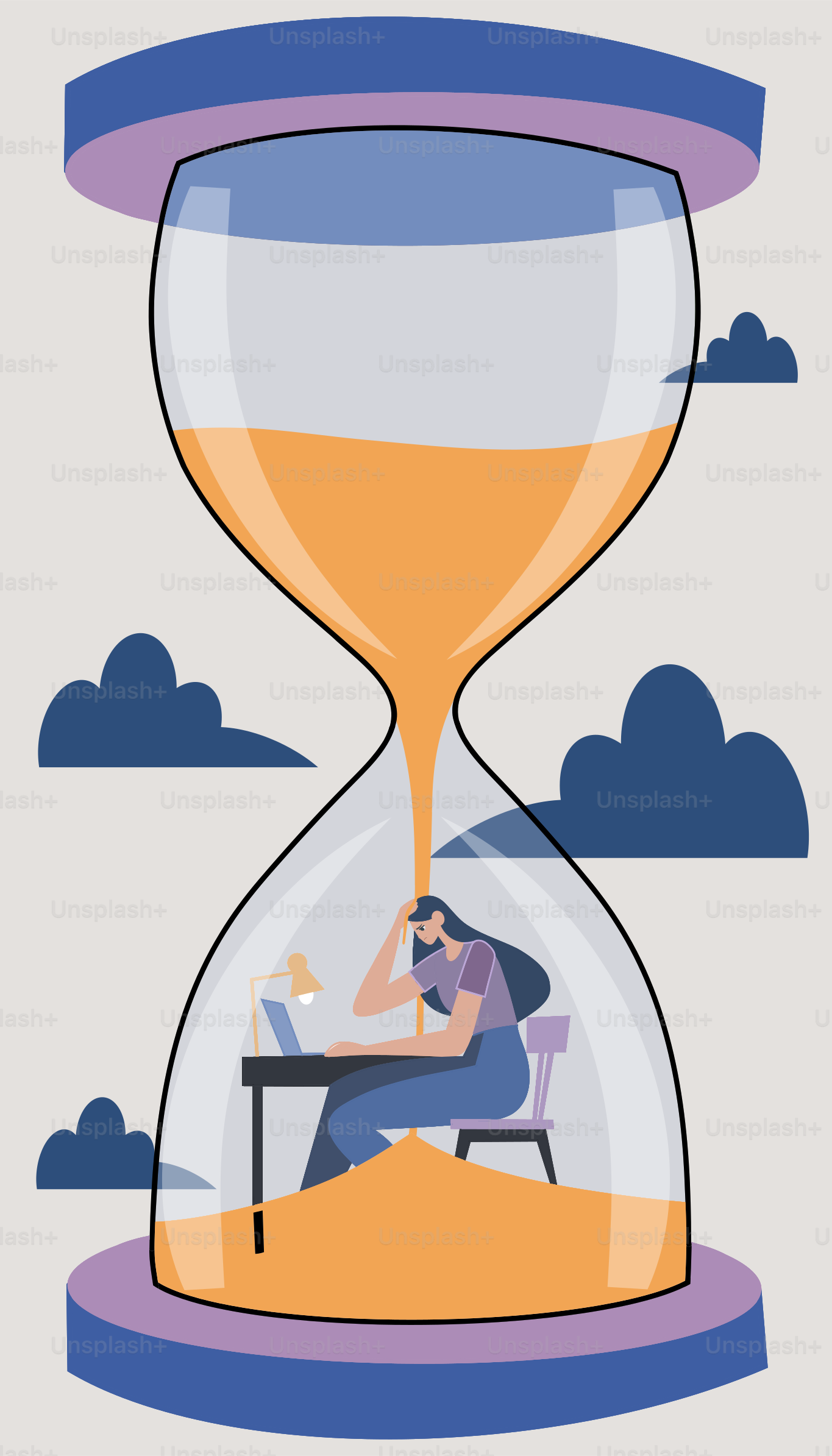 Ein Mann sitzt an einem Schreibtisch unter einer Sanduhr