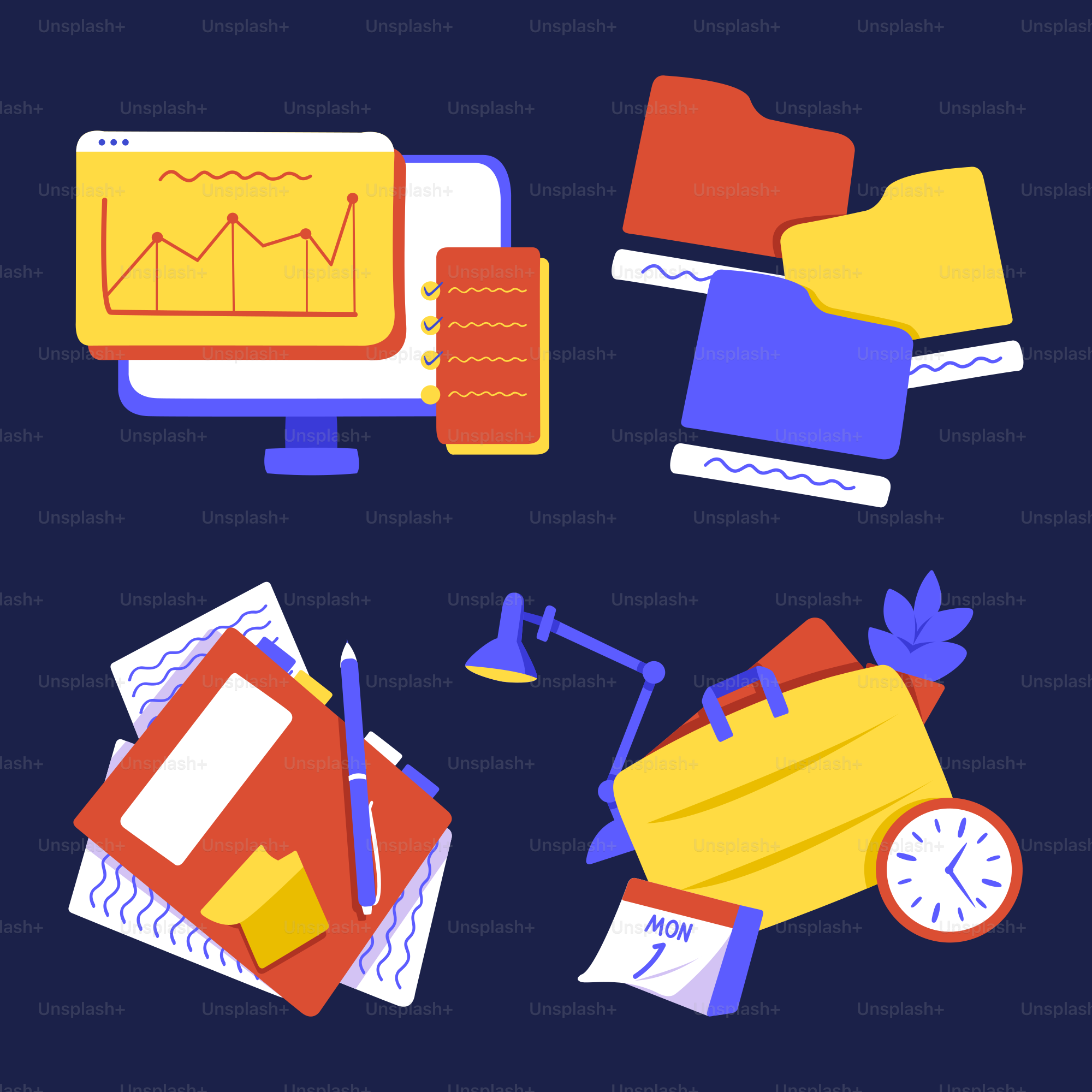 A bunch of different items that are on a blue background