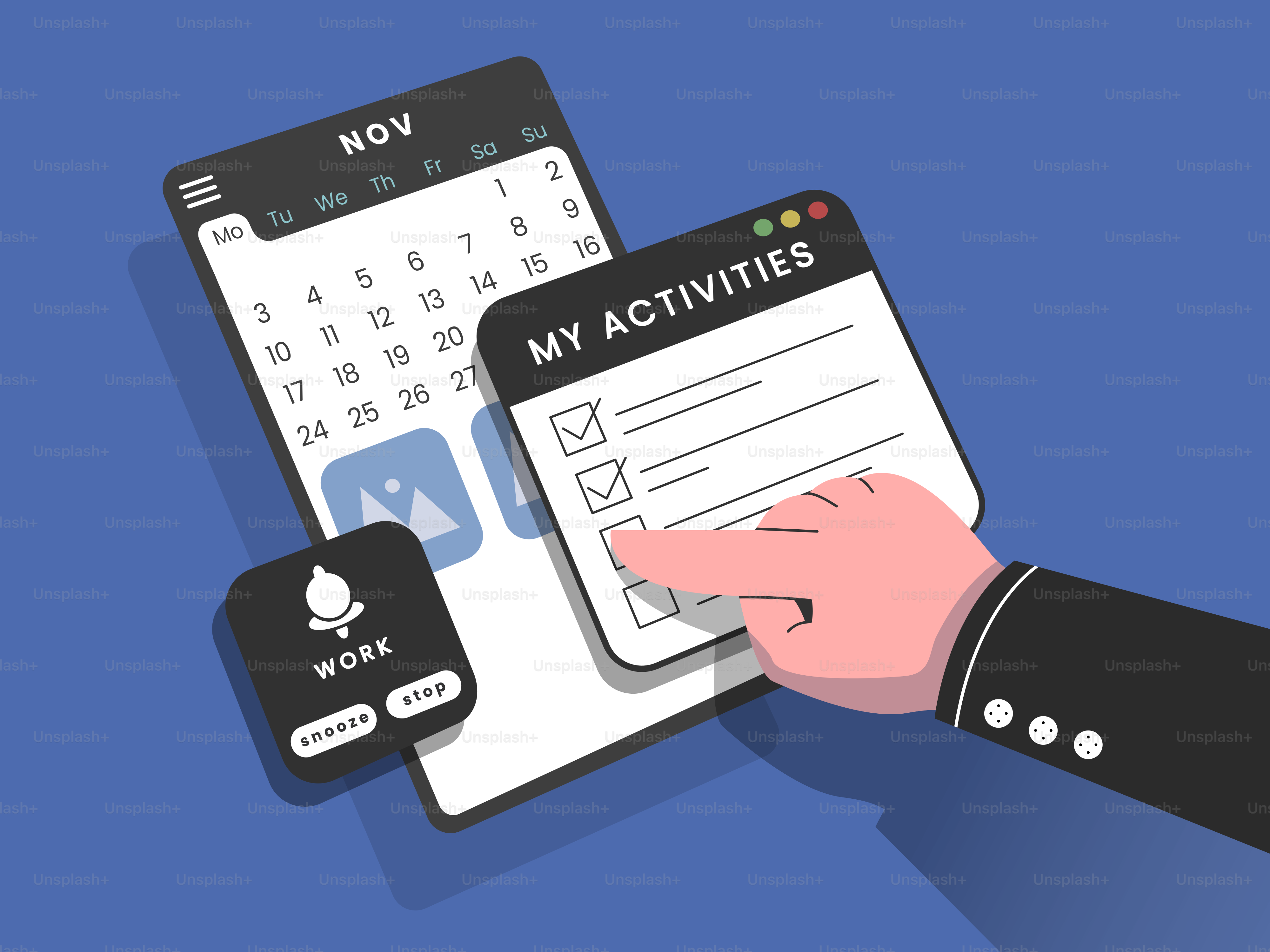 Eine Hand, die ein Klemmbrett mit einem Kalender hält