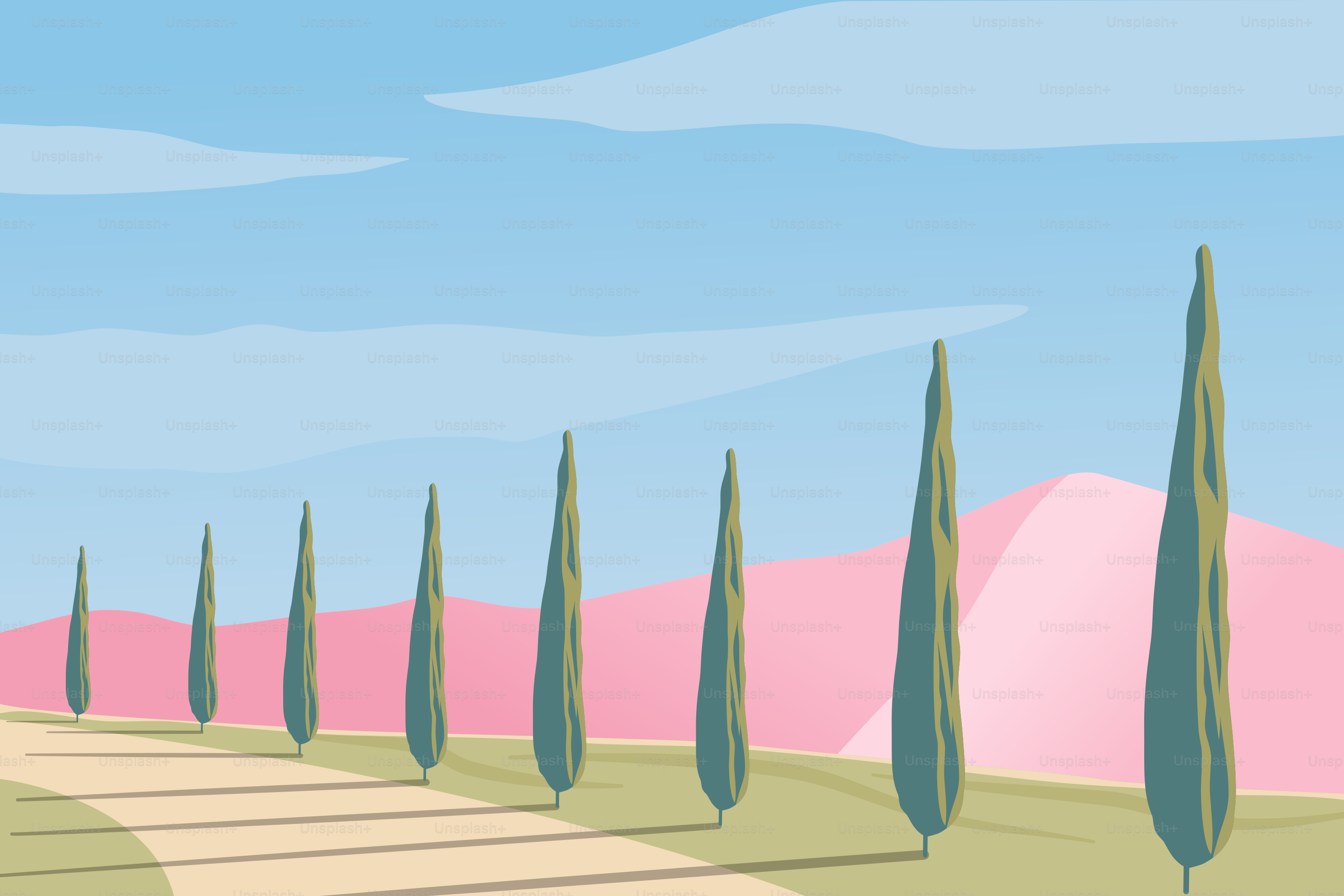 A painting of a dirt road with a line of trees