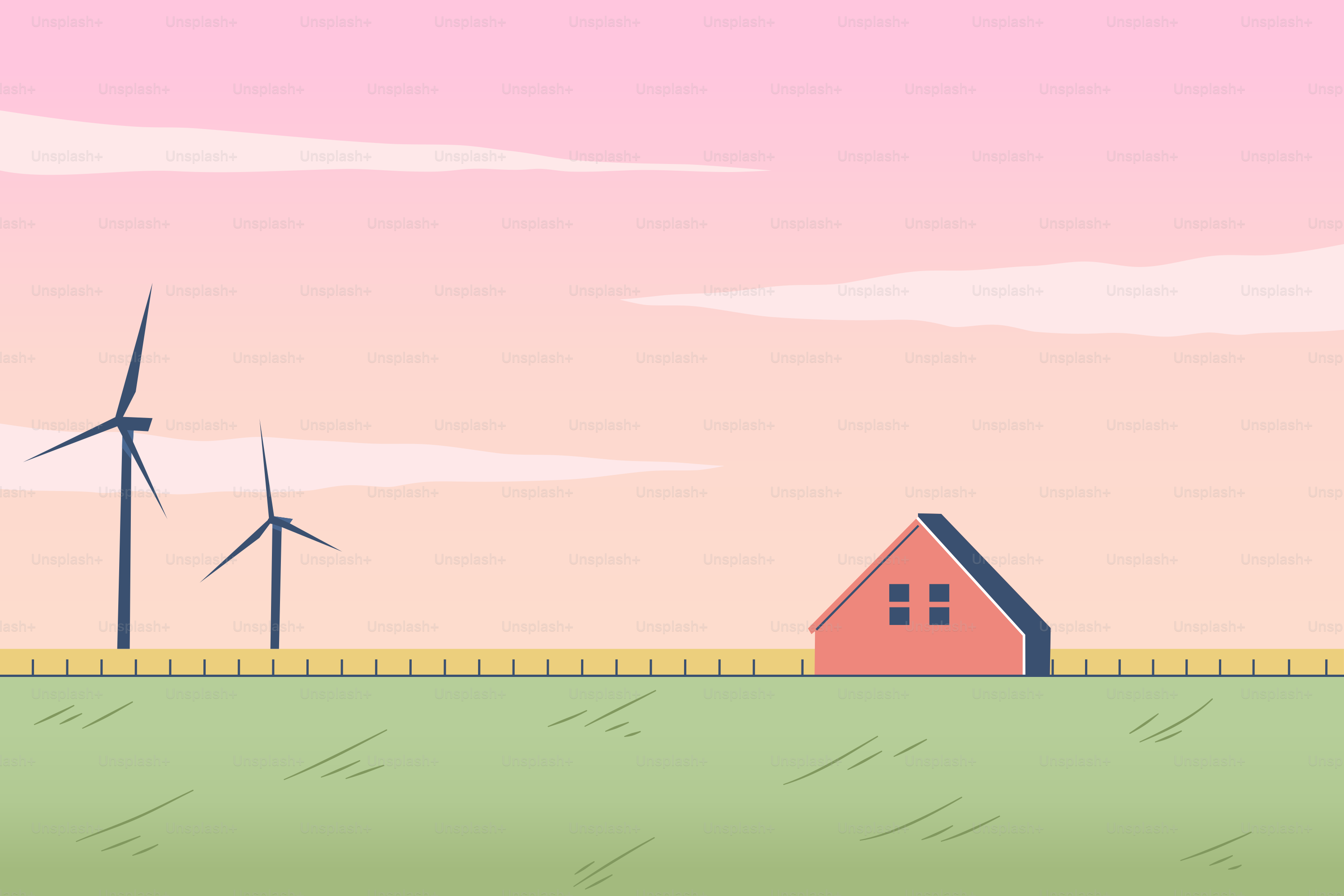 A farm with windmills and a red barn
