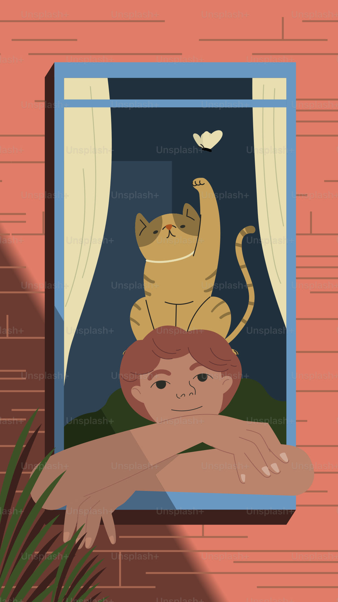 A man and a cat are looking out of a window