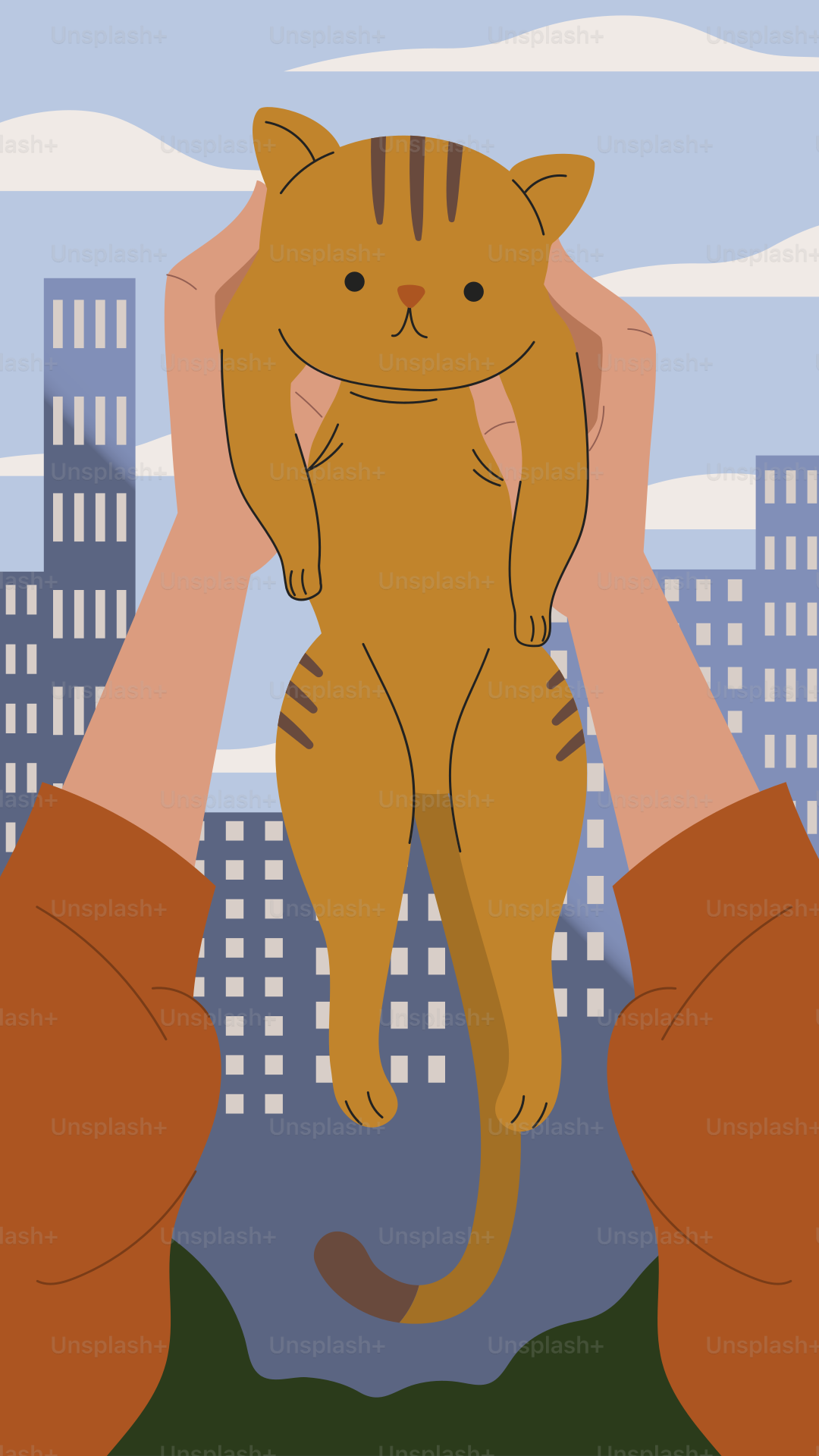 A person holding a cat in front of a cityscape