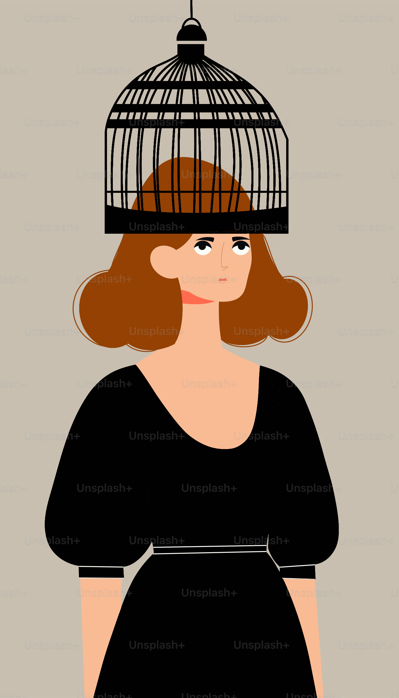 A woman with a birdcage on her head