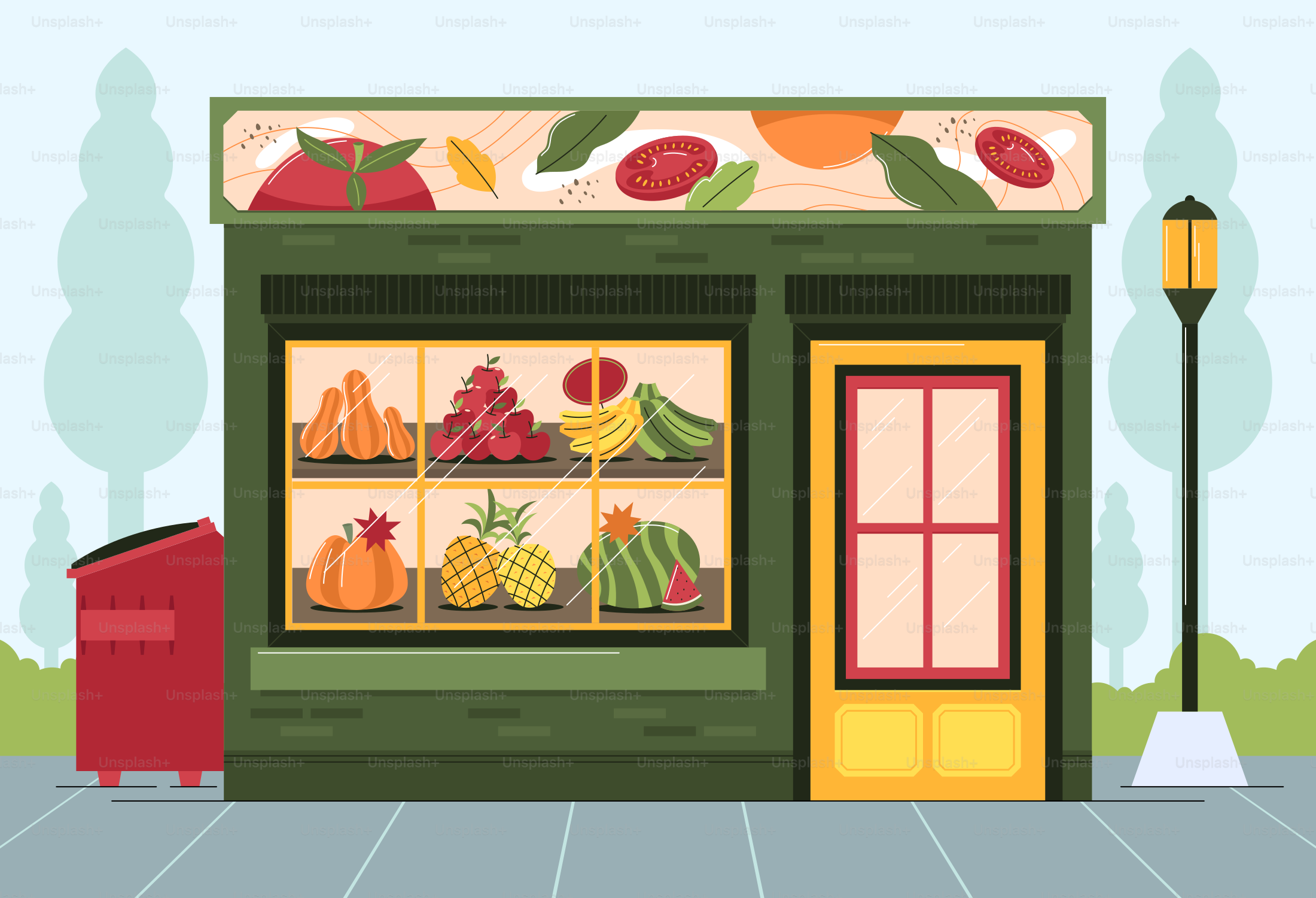 Eine Illustration eines Obst- und Gemüseladens