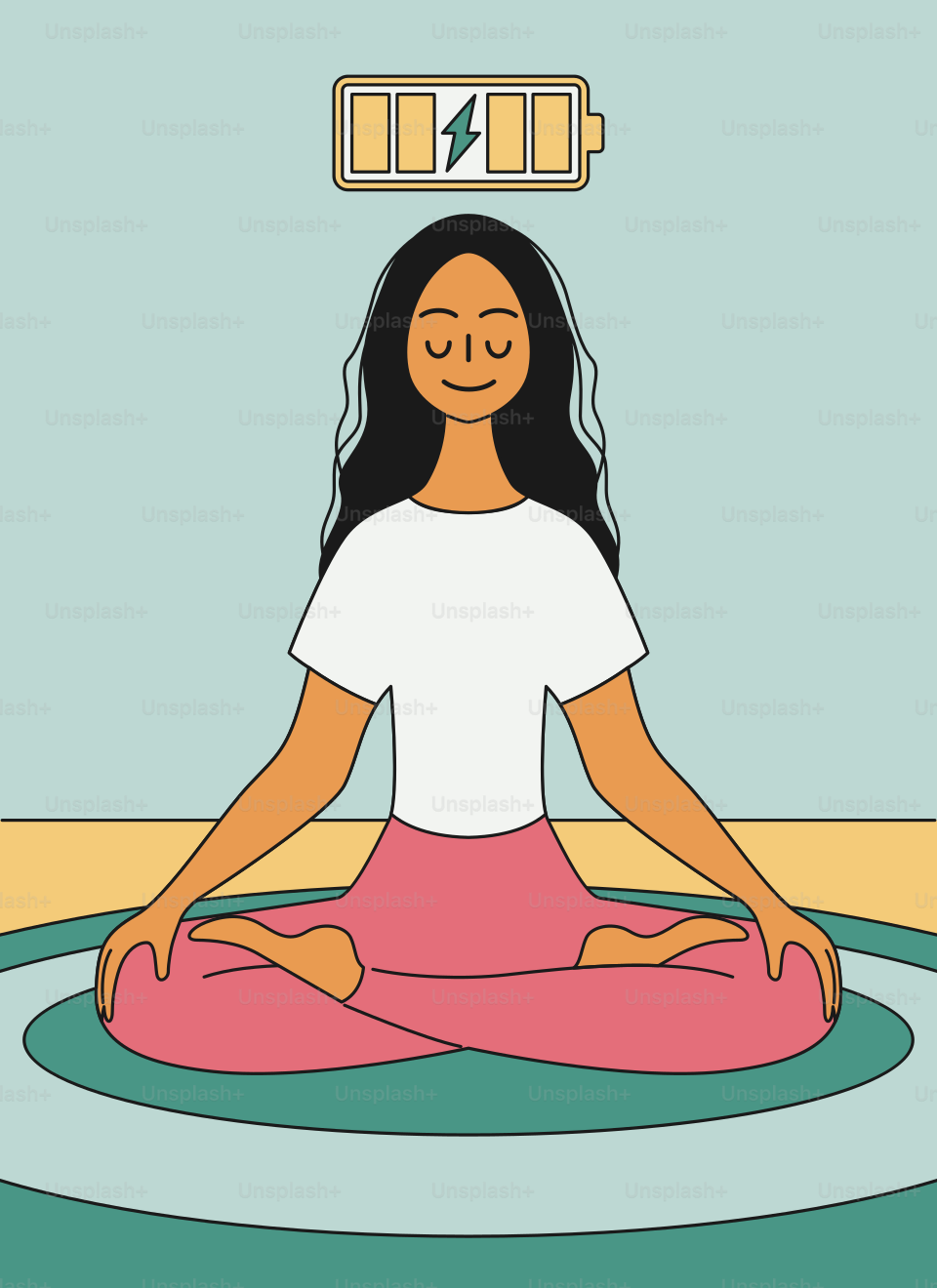 A woman sitting in a lotus position with a battery above her head