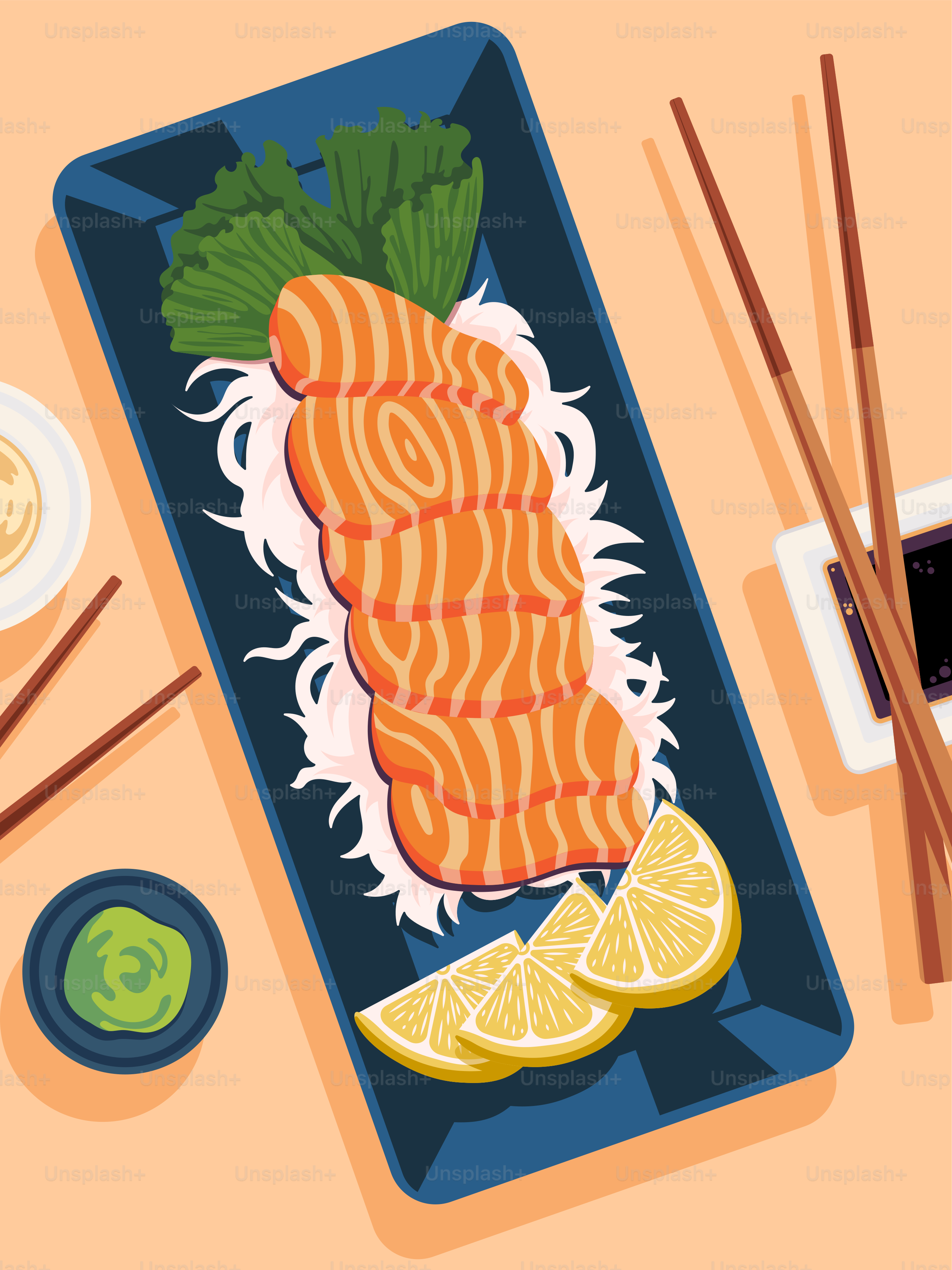 A sushi dish with chopsticks and chopsticks next to it