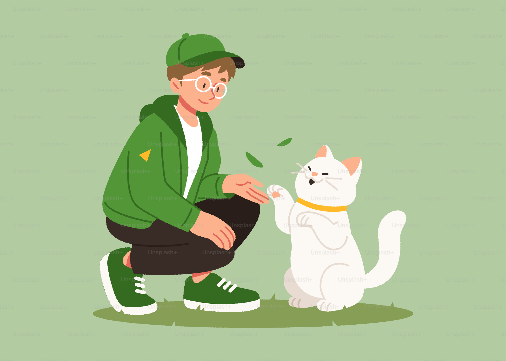 A man kneeling down next to a white cat