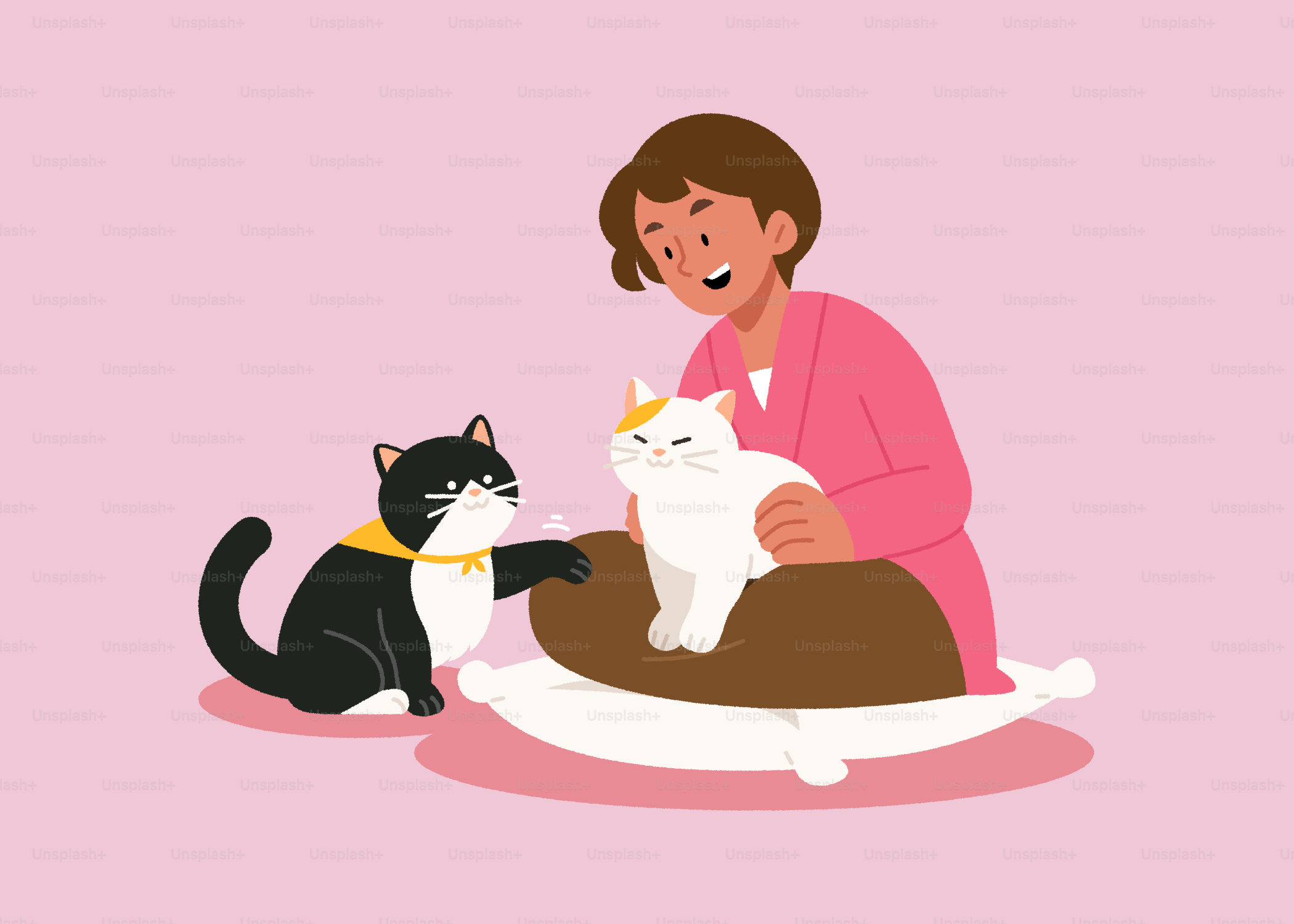 A woman sitting on a pillow with two cats
