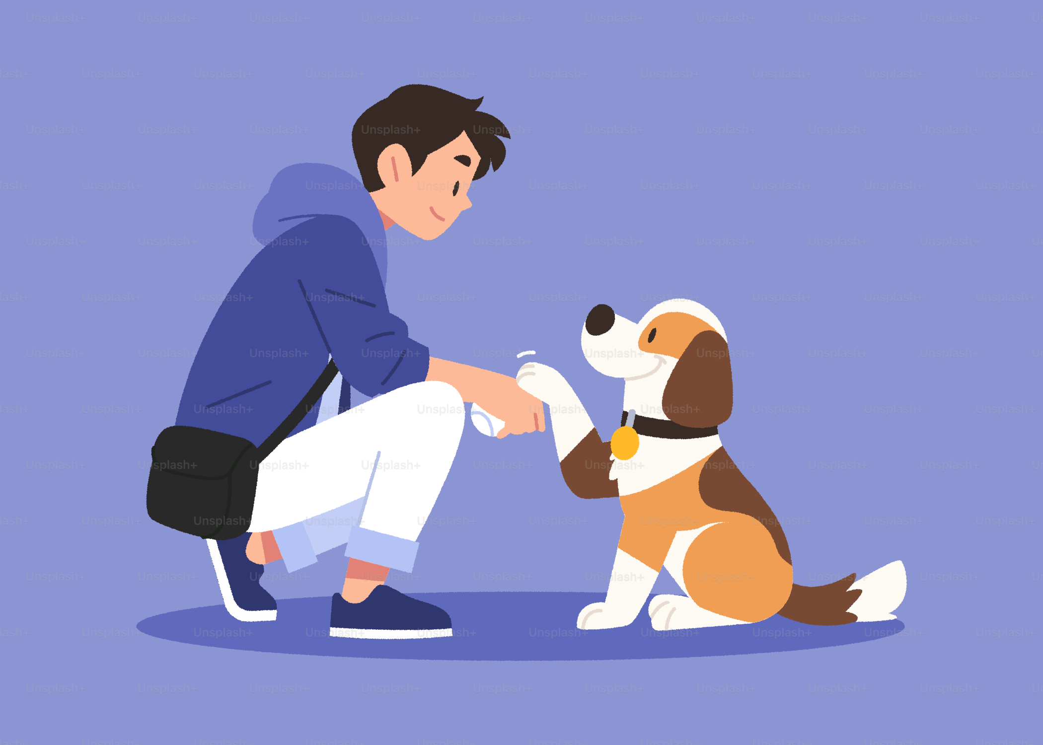 A man kneeling down next to a brown and white dog