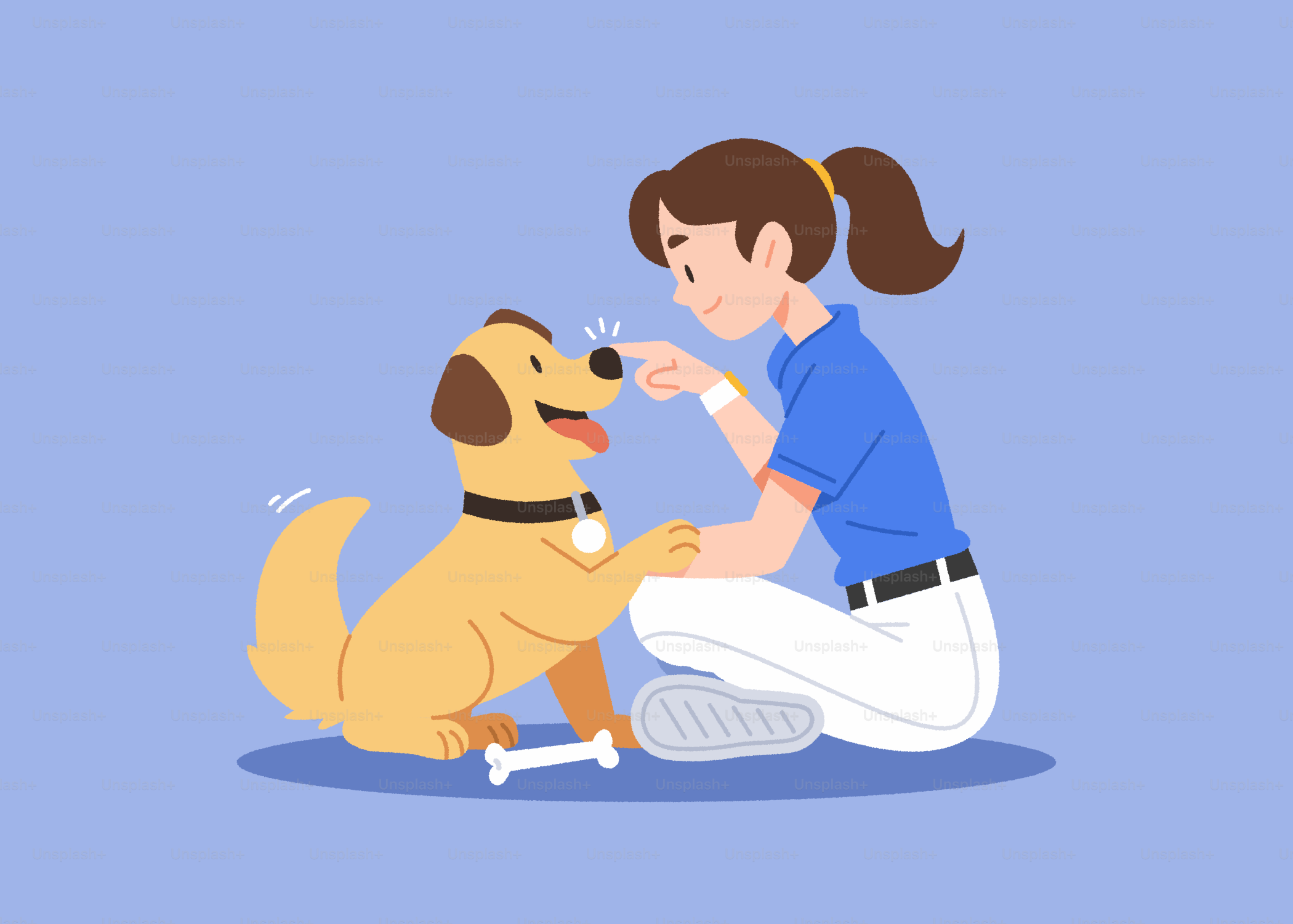 A woman sitting on the ground petting a dog