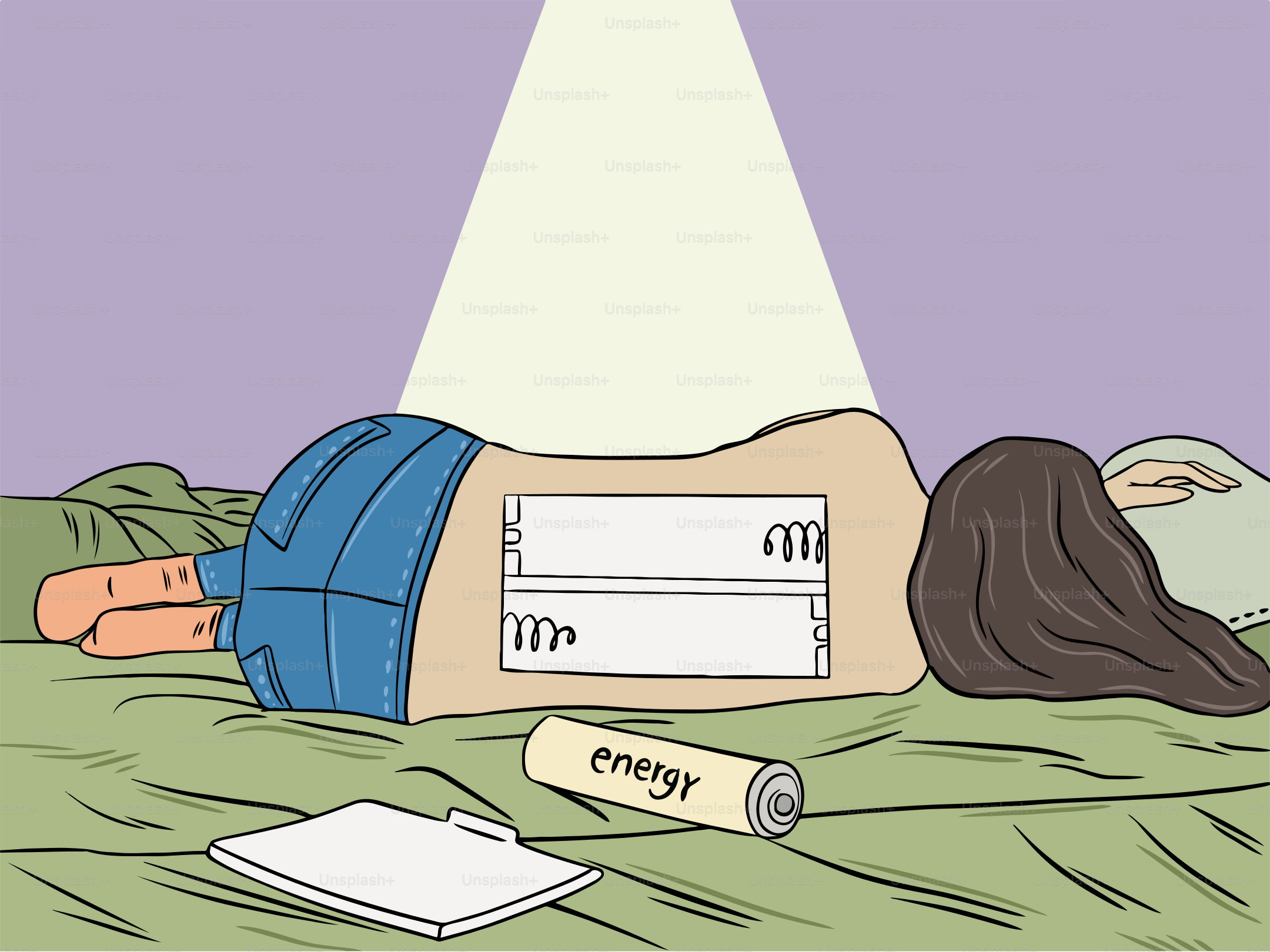 A cartoon of a woman laying on a bed