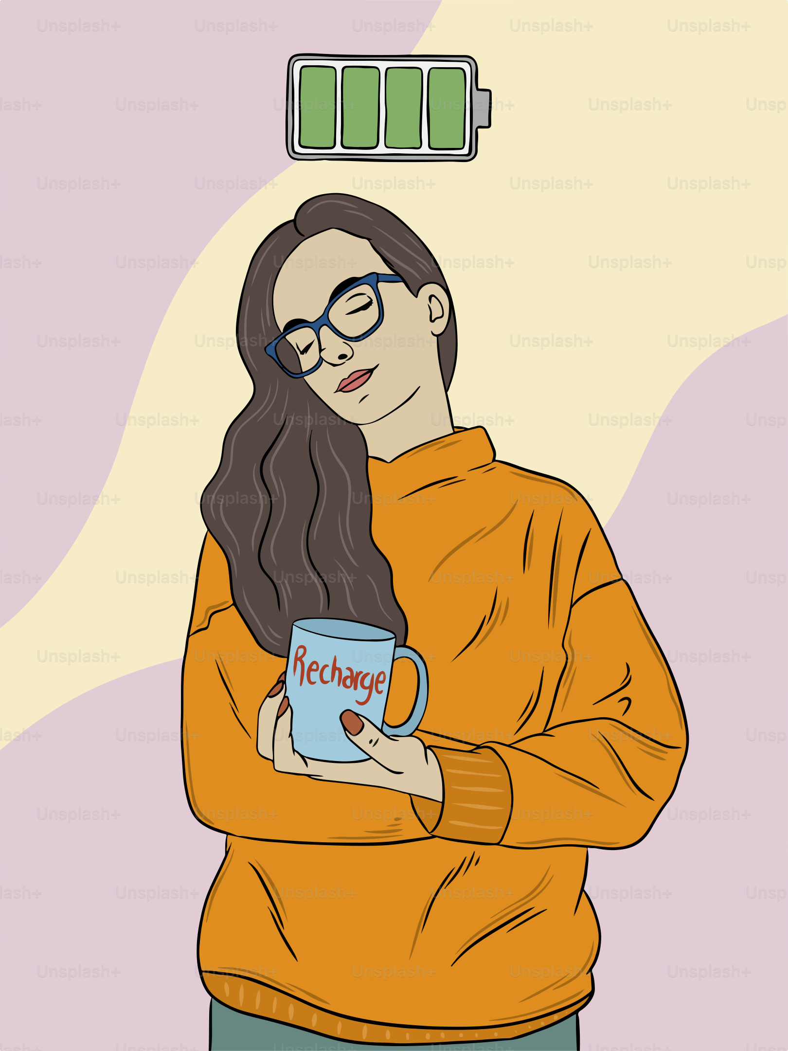 A woman holding a cup of coffee with a battery above her head