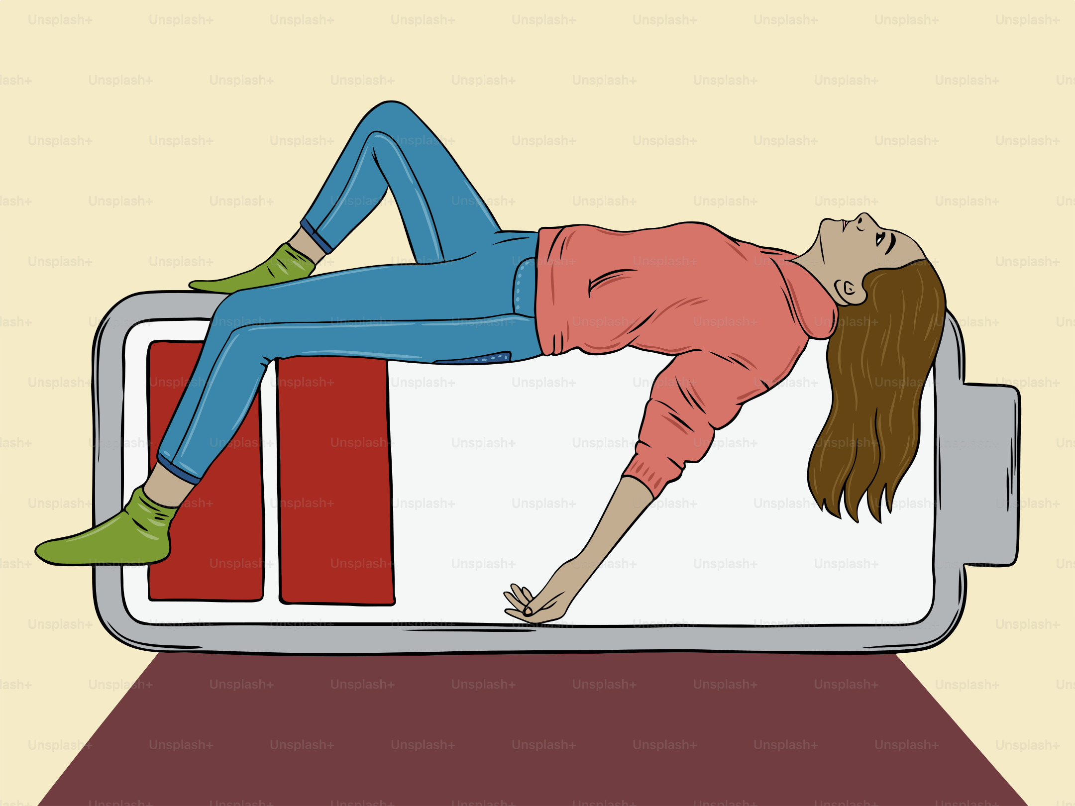 A woman laying on a couch with her head on a pillow