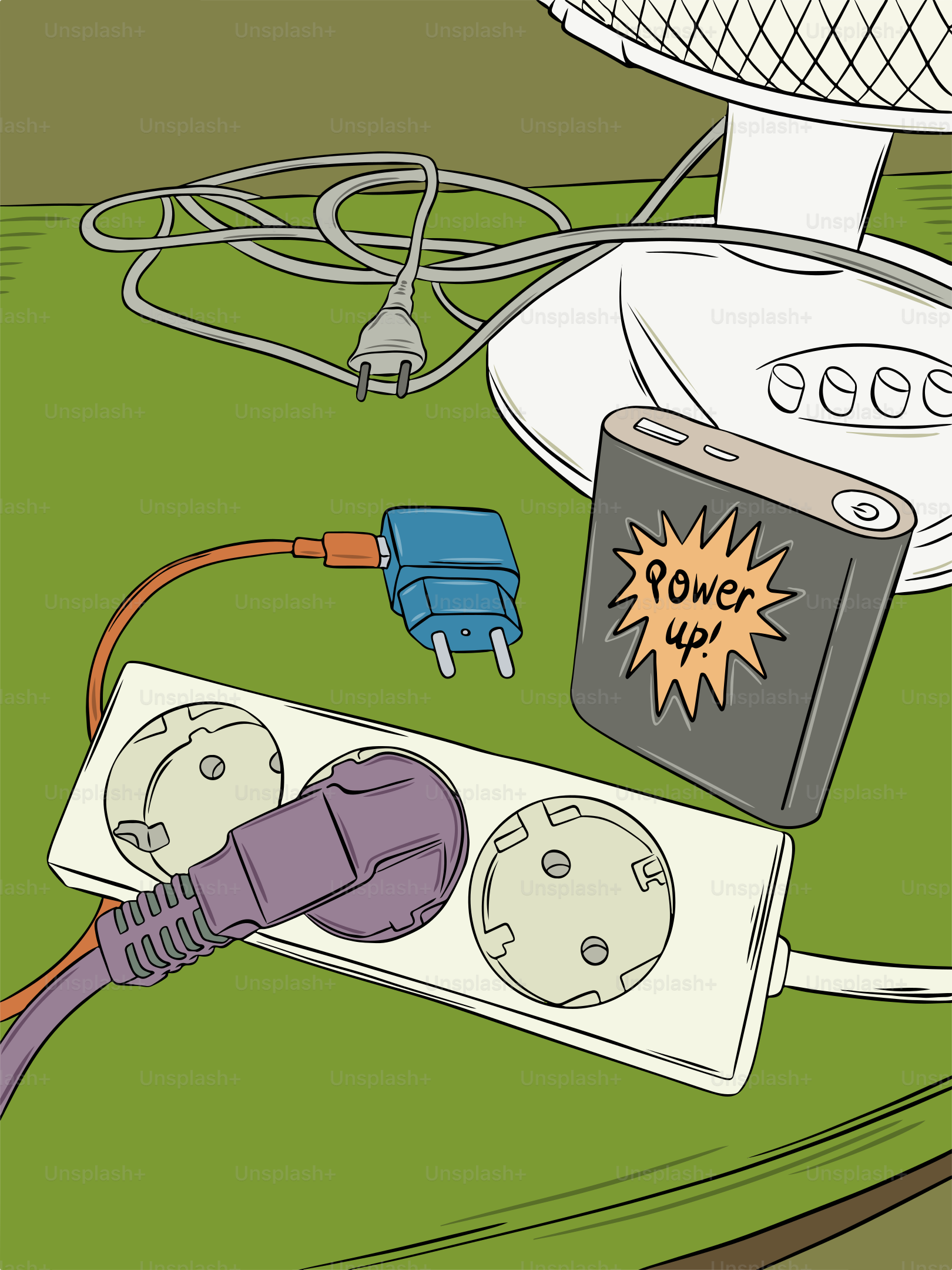 A cartoon picture of a fan, a power strip, and a charger