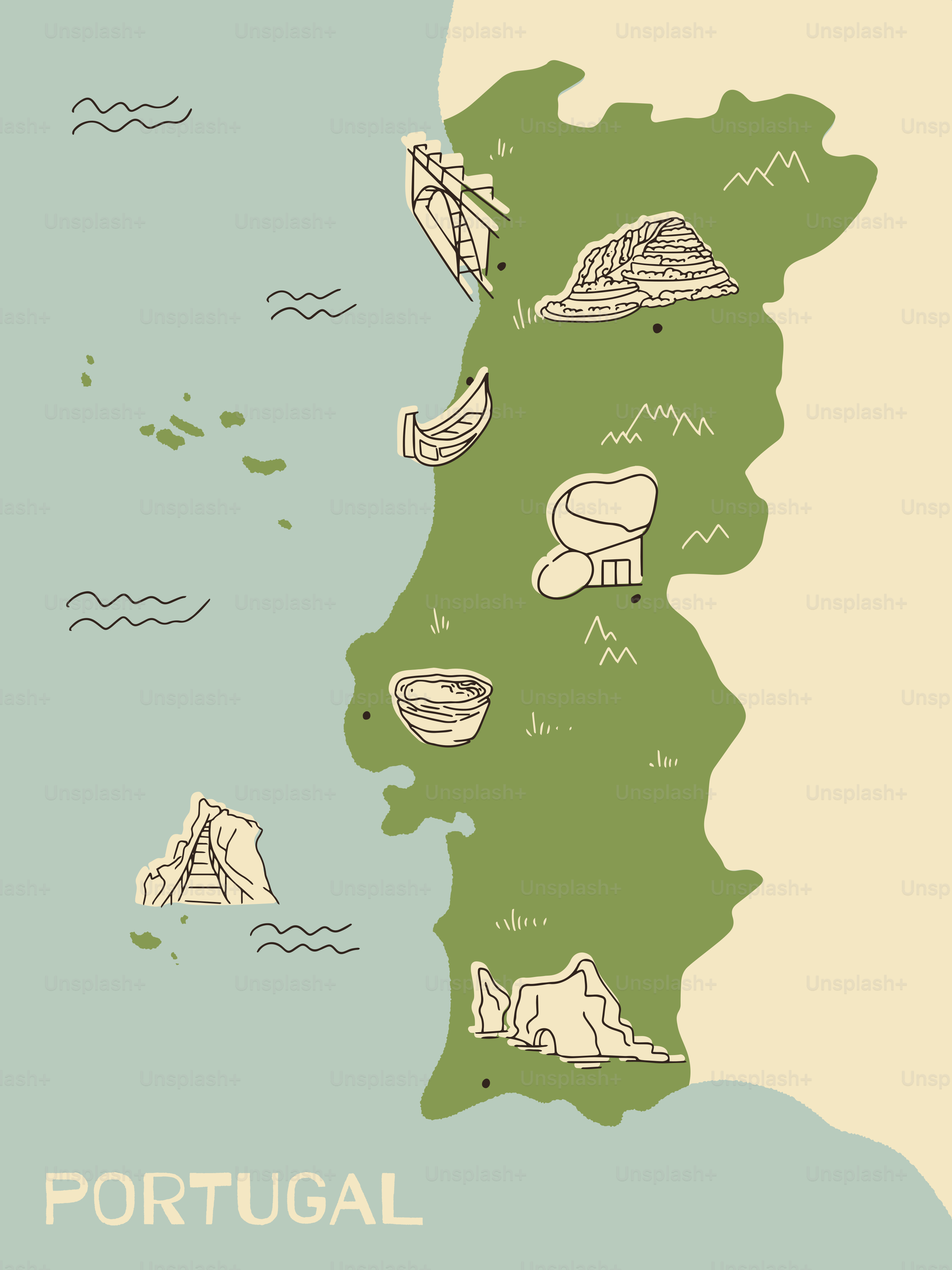 A map of portugal with a lot of places to see