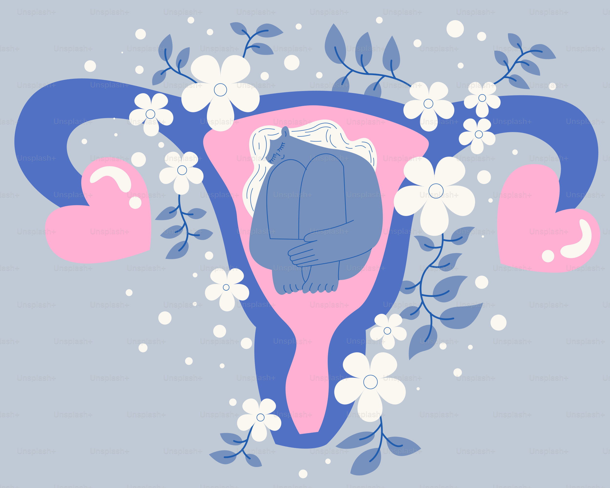 青とピンクの花を咲かせたクマのイラスト