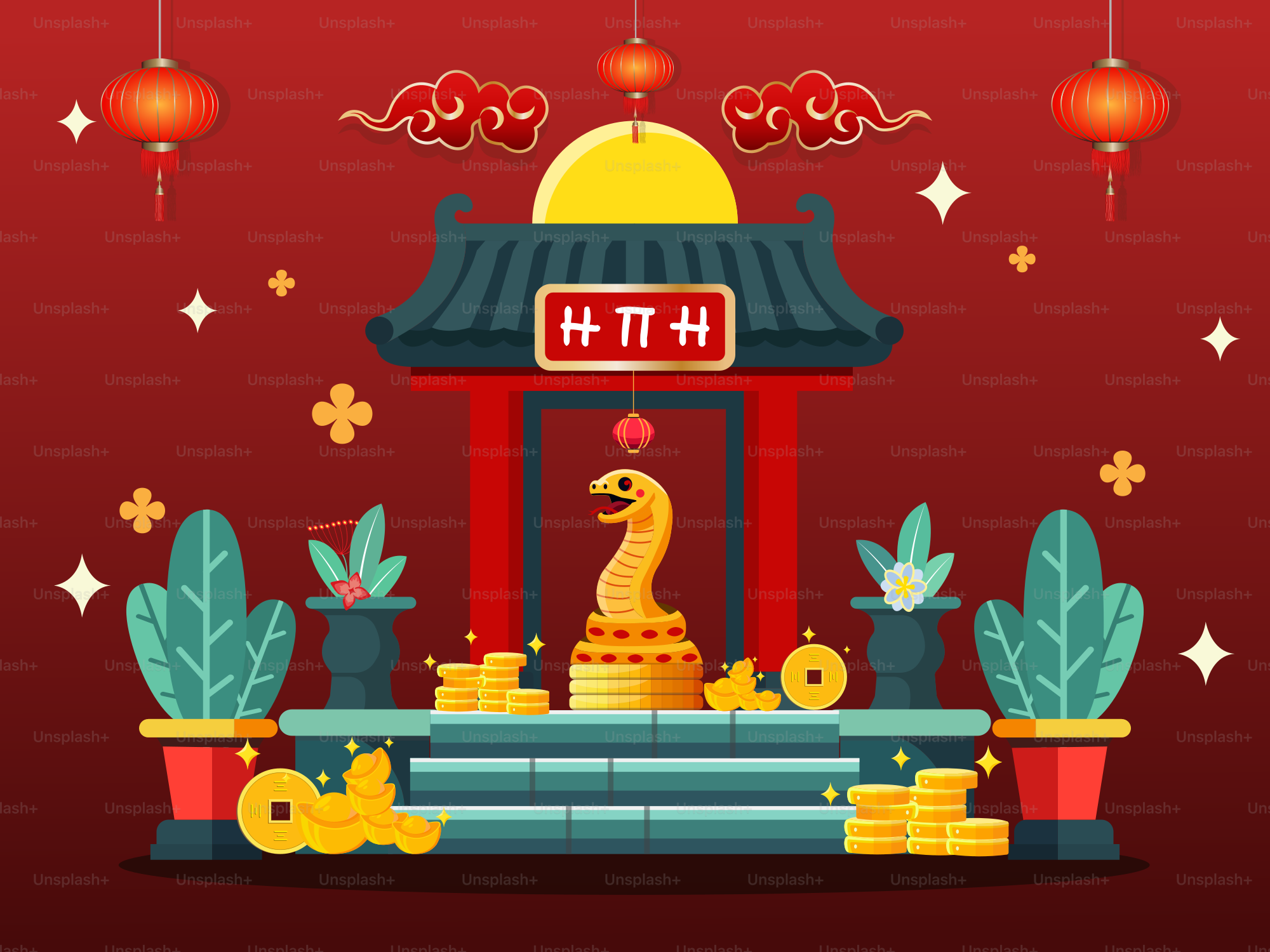 A chinese temple with a dragon statue and gold coins