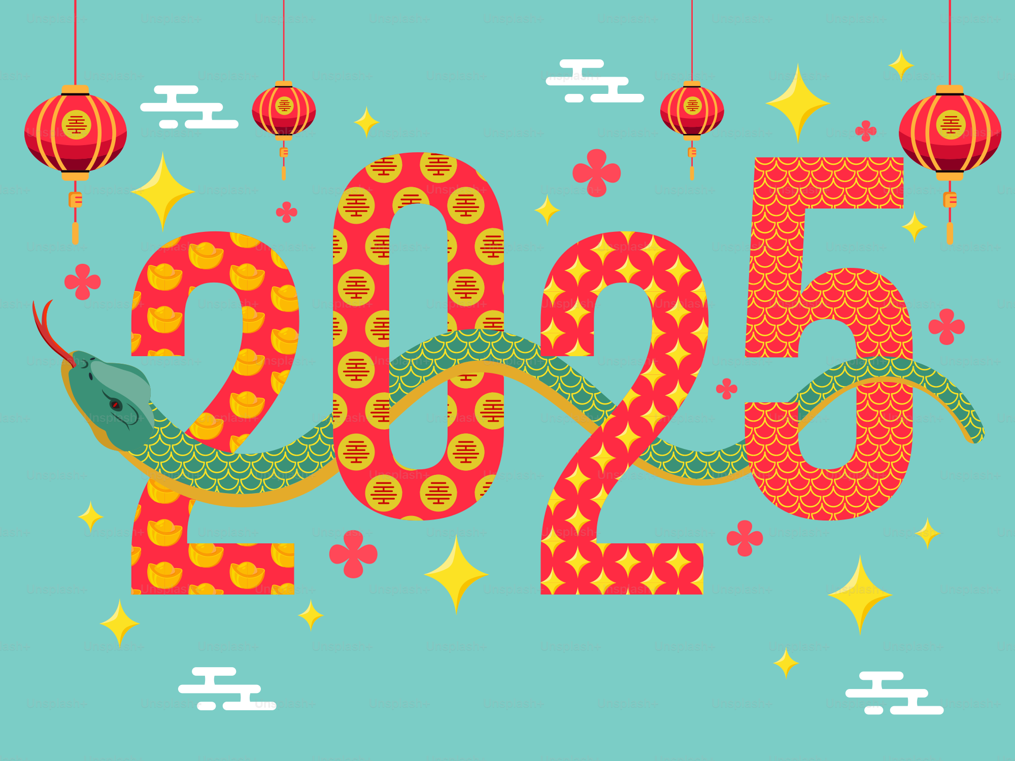 뱀과 등불이 그려진 중국 설날 카드입니다