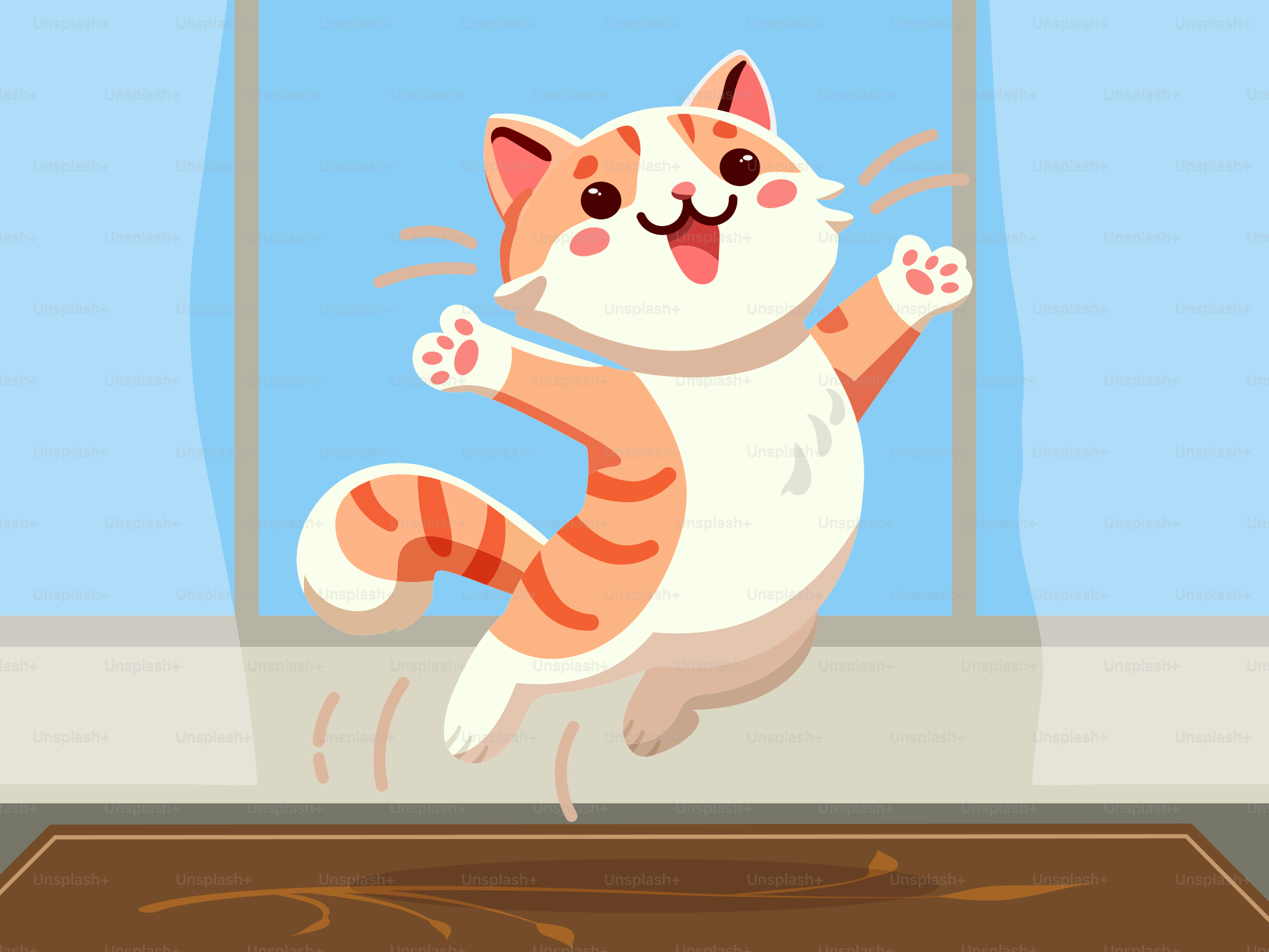 고양이 한 마리가 창문 앞 깔개 위로 뛰어오르고 있습니다