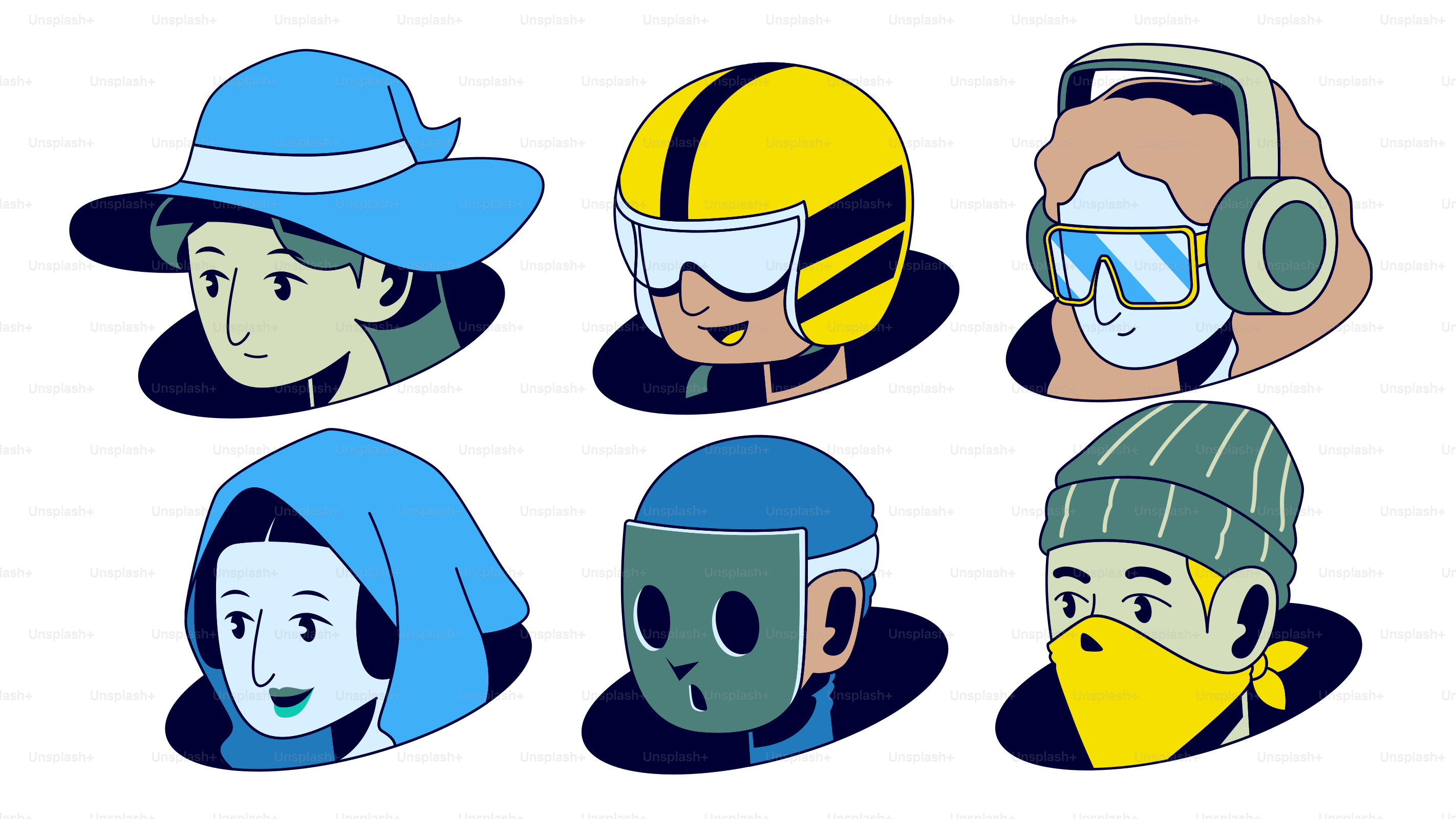 A group of people wearing different hats and masks