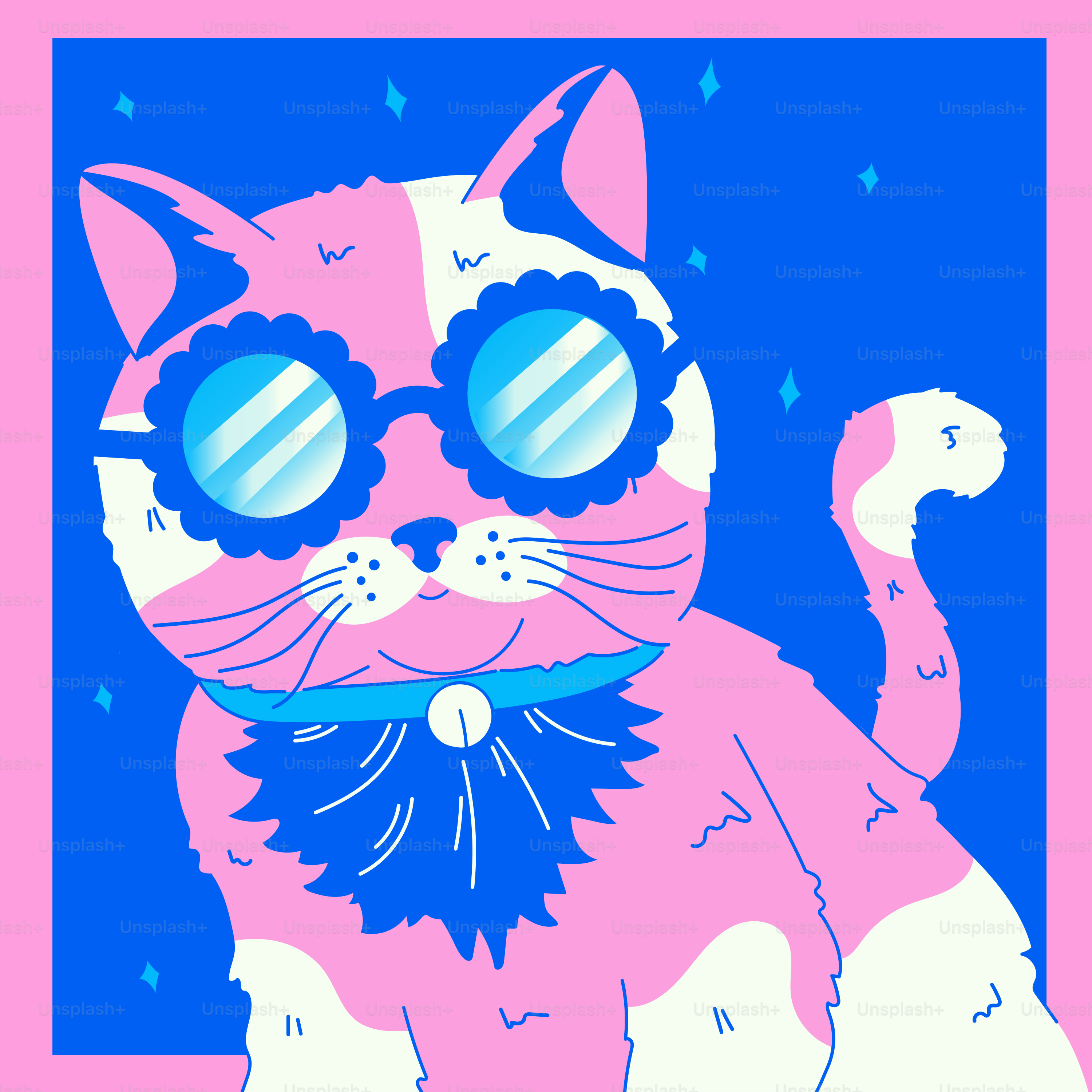 A pink and blue cat wearing sunglasses