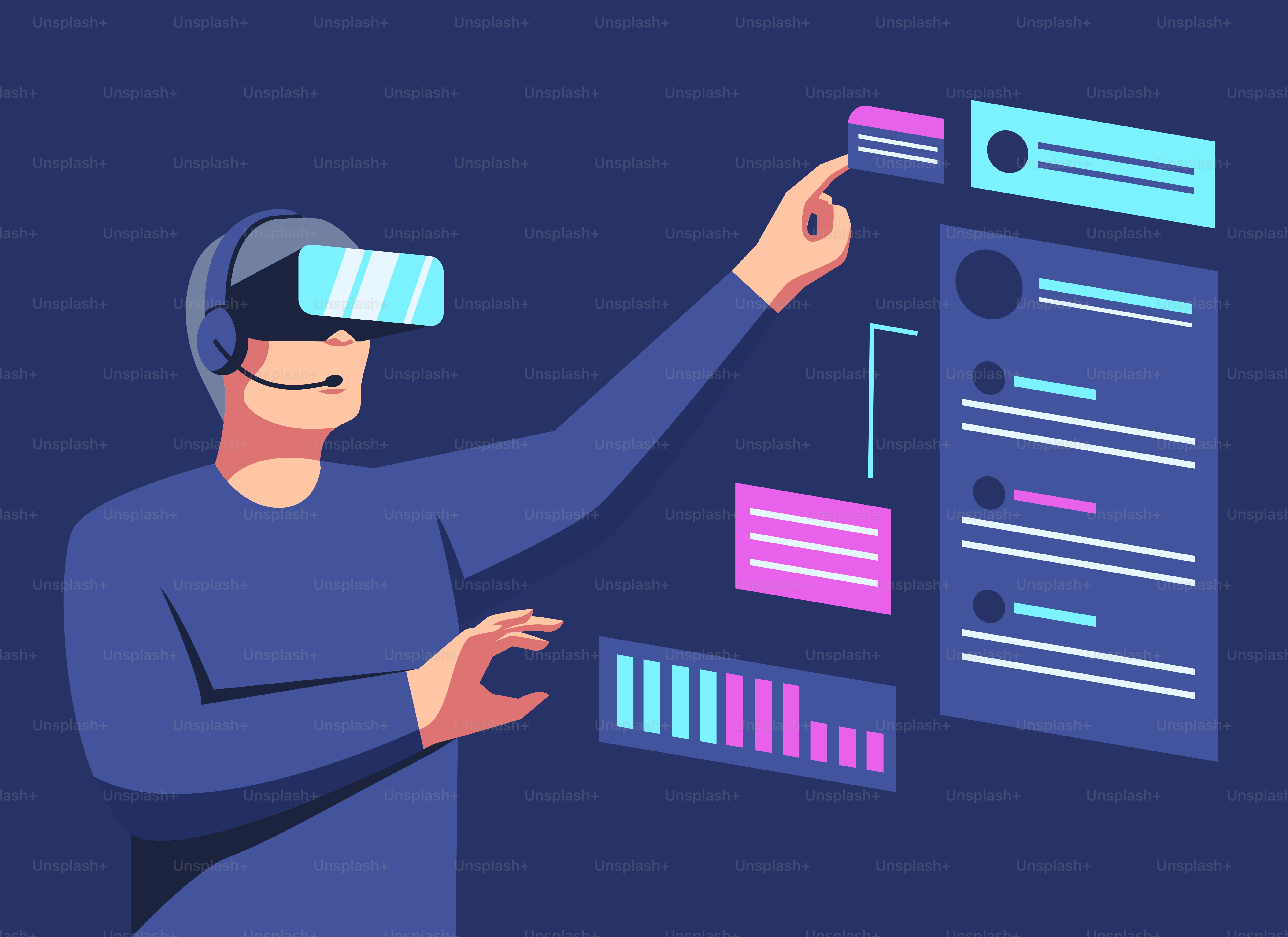 A man wearing a virtual reality headset pointing at a screen