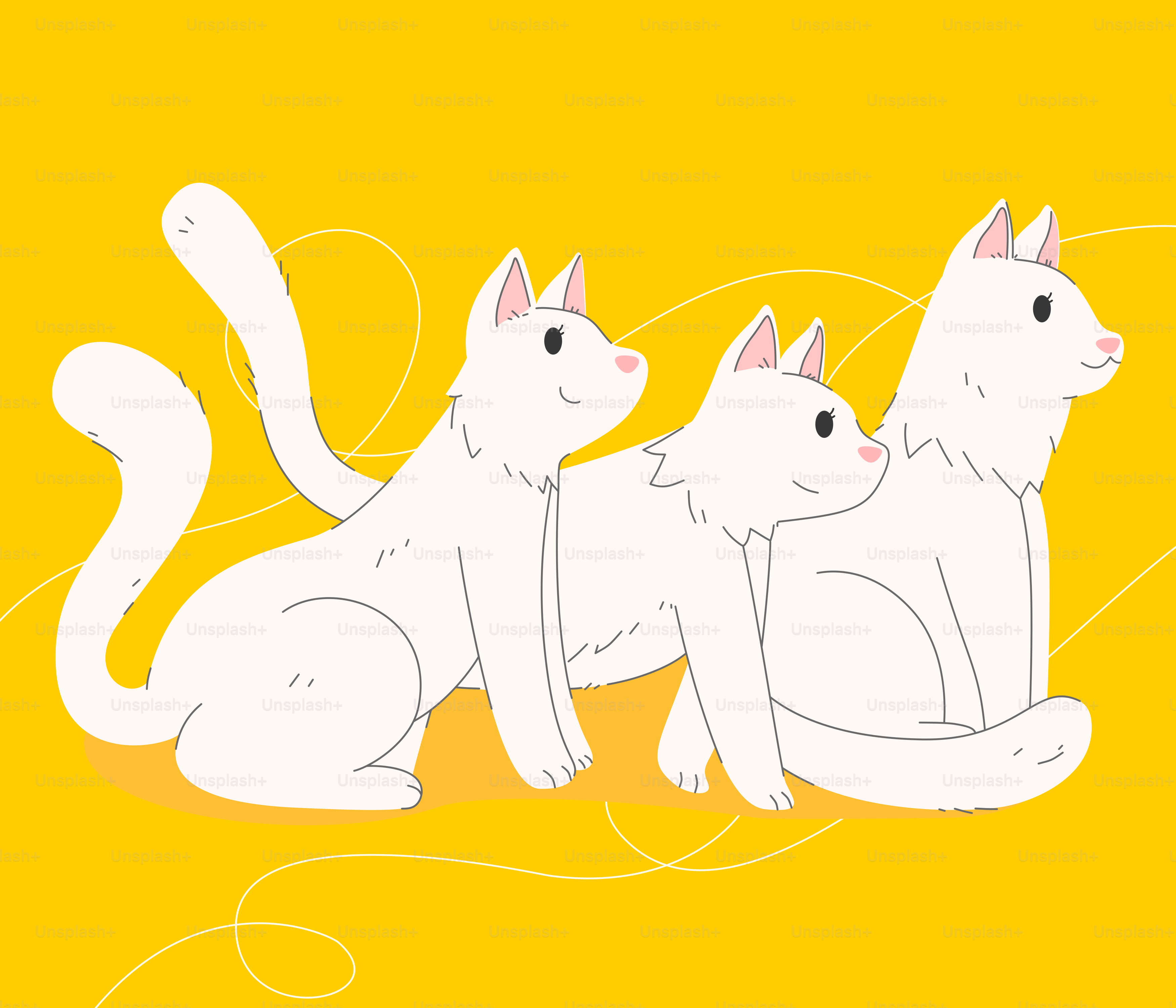 A group of cats sitting next to each other on a yellow background