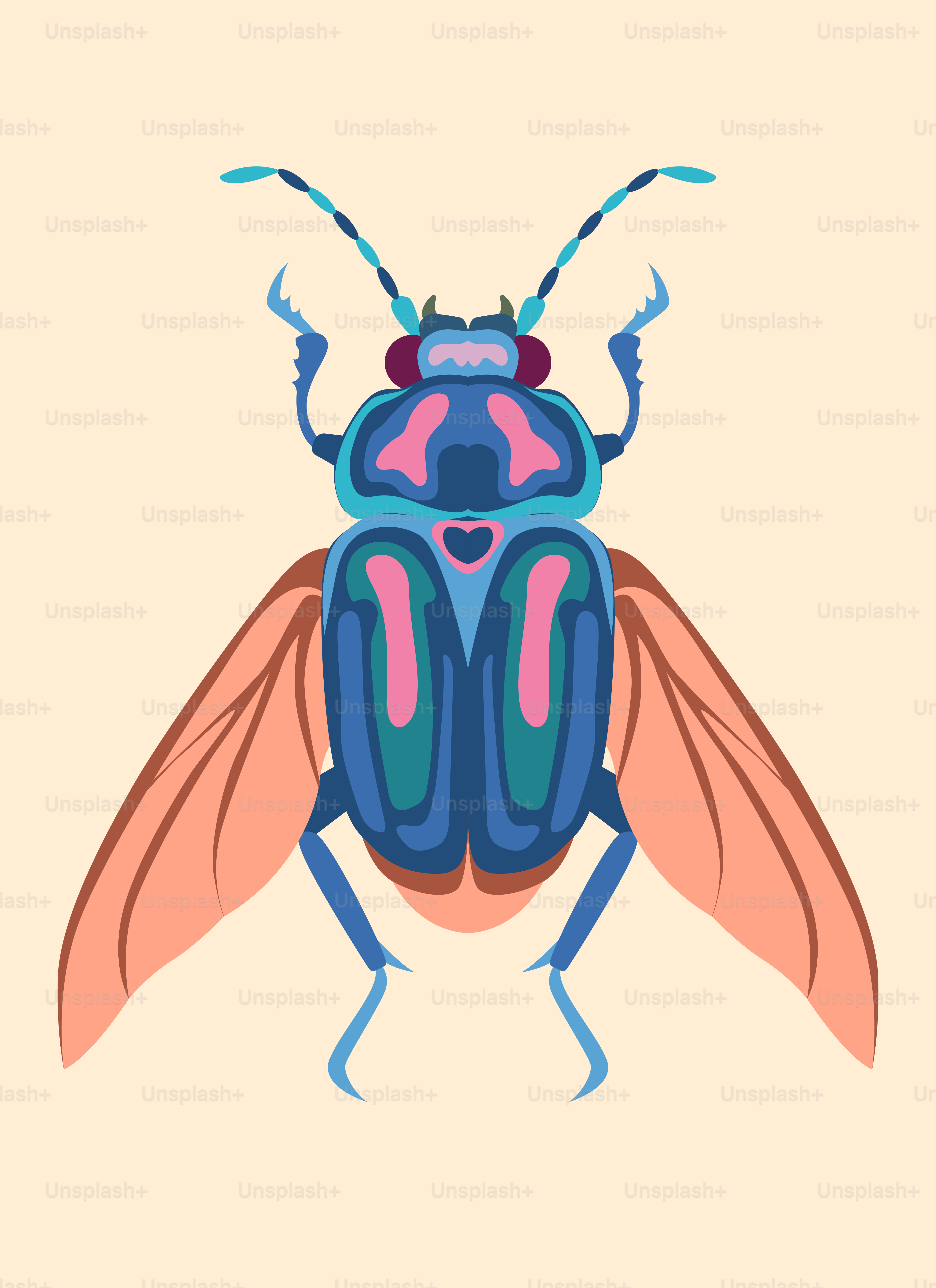 Un insecte bleu et rose sur fond beige
