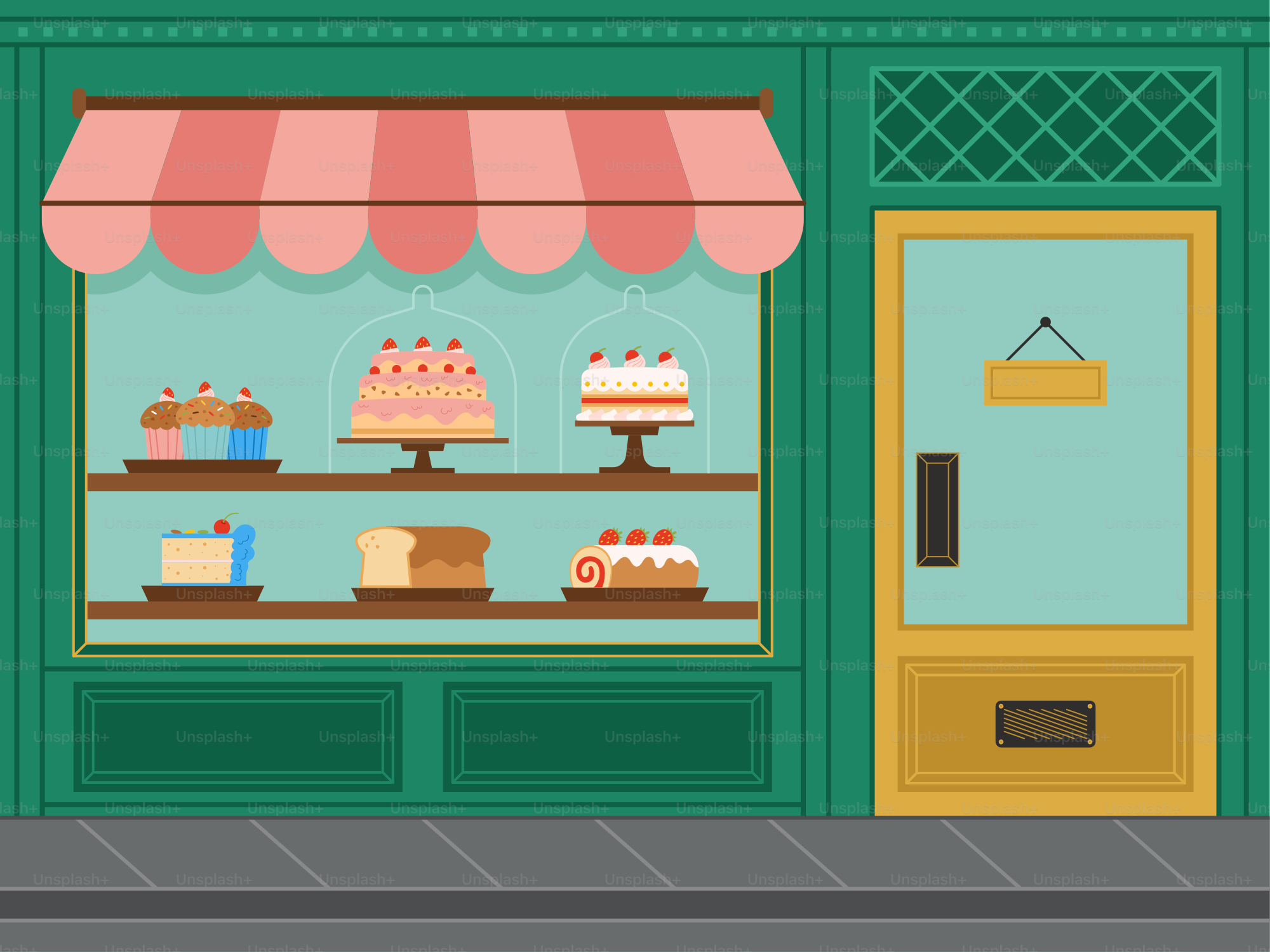 A store front with a cake display in the window