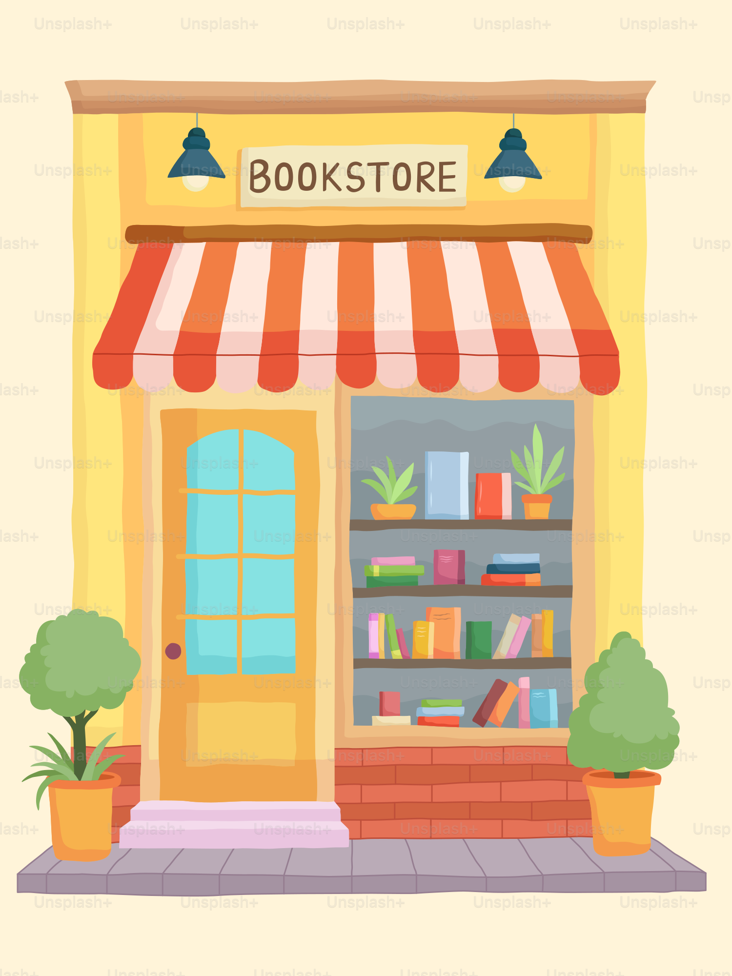 A book store with a red and white awning