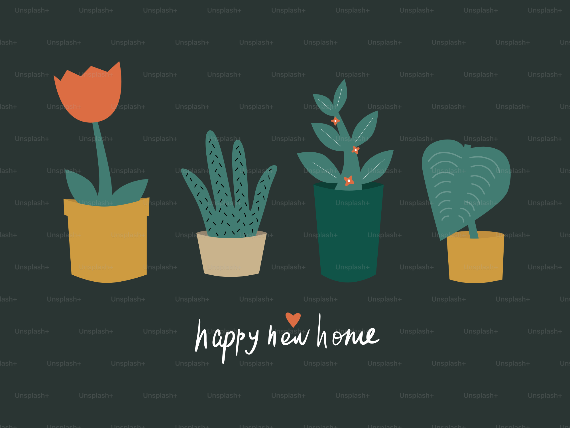 Drei Topfpflanzen mit den Worten happy new home