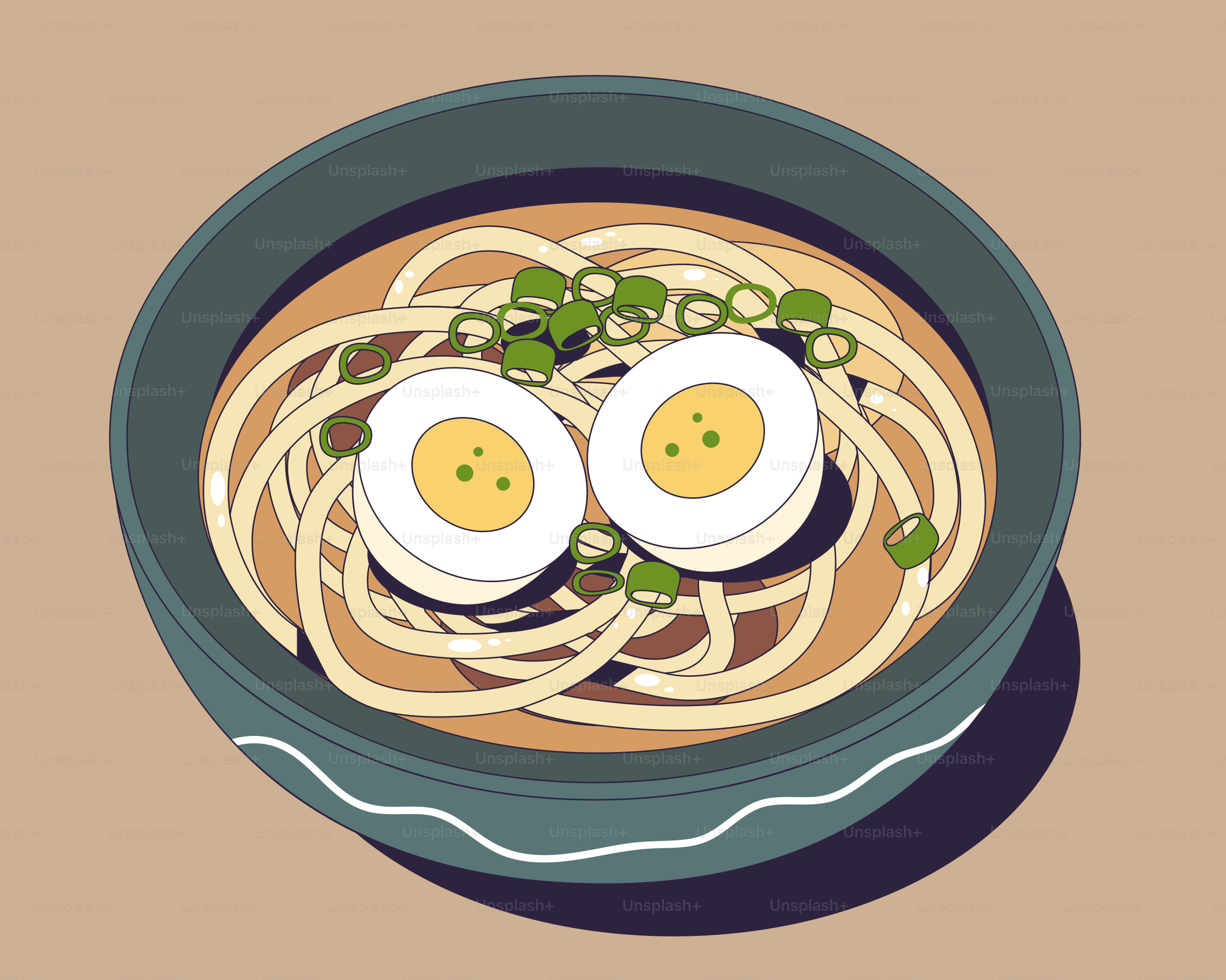 A bowl of noodles with two eggs on top